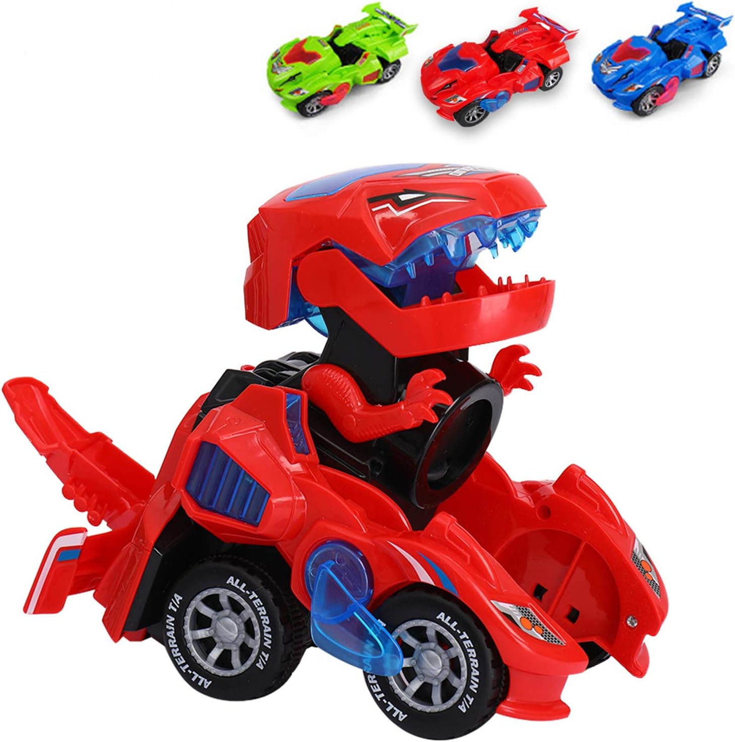 Odizli Transforming Dinosaur LED Car Toys for Kid Boys Halloween (Red)
