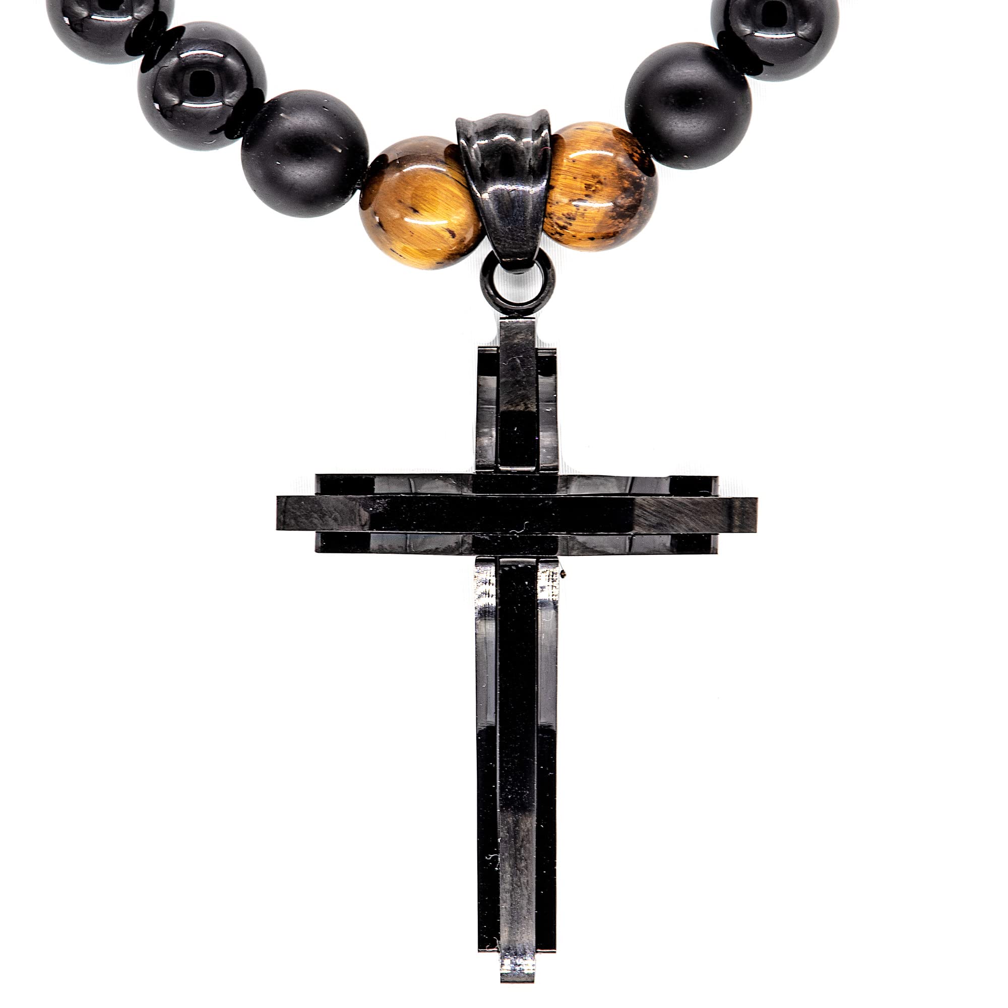 Onyx Kette Halskette Perlen Kette Black Onyx Tigerauge Perlenhalskette mit Edelstahlkreuz Schwarz Damen Herren