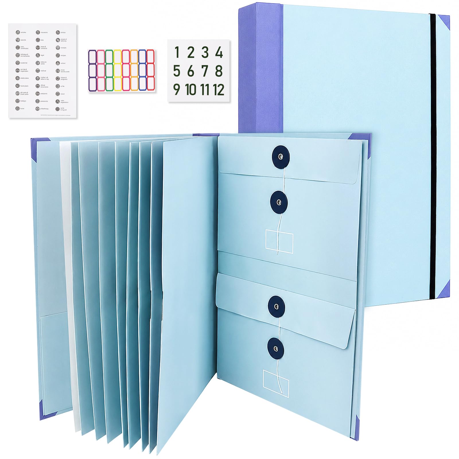 Ważny organizer na dokumenty, organizer na dokumenty 32,5 x 26,5 x 5 cm, z kieszeniami w 3 rozmiarach, etykietami i indeksami, niebieski, rozszerzany folder do domowego biura