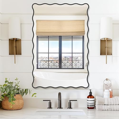 Miniatura 8 de Espejo de baño ondulado blanco de 24 x 36 pulgadas, espejo festoneado rectangular para decoración de pared, tocador de baño, dormitorio, sala de