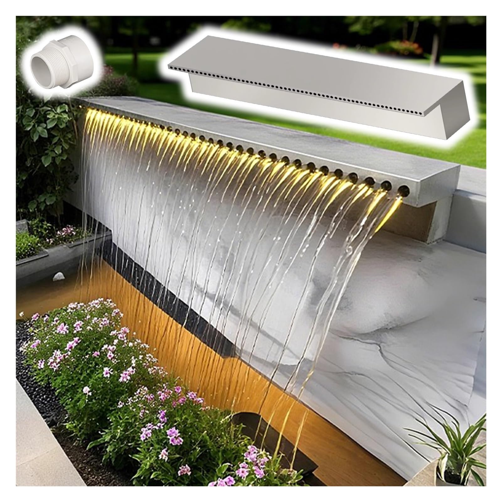 Desbordamiento de cascada de acero inoxidable de 144,8 cm, resistente, empotrado, translúcido, para exteriores, hoteles, jardines y jardines rocosos con kits de accesorios de tubería