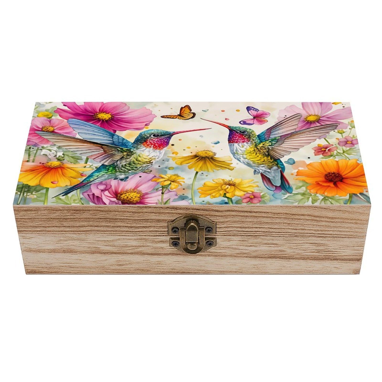 SMAZDFXX Hummingbirds Flowers Butterflies Garden Wooden Keepsake Box Vintage Solid Wood with Hinged Lid 7.9"×3.7"×2.3" Metal Latch Rustic Home Decor for Jewelry Photos And Trinkets