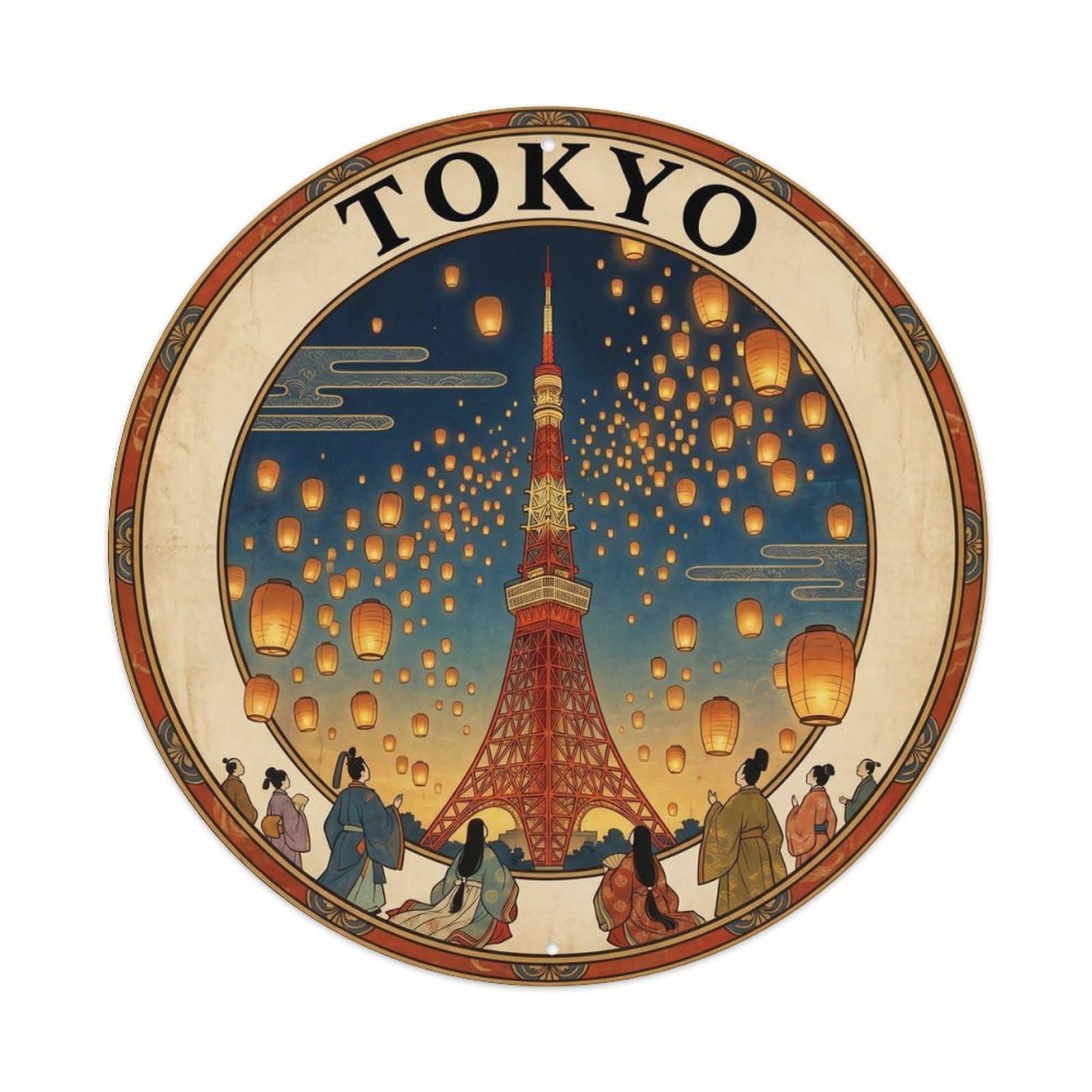 Olyhtr 8X8inch Classic Style Tokyo Tower Festival Lanterns Vermillion Gold Japan Metal Tin Sign