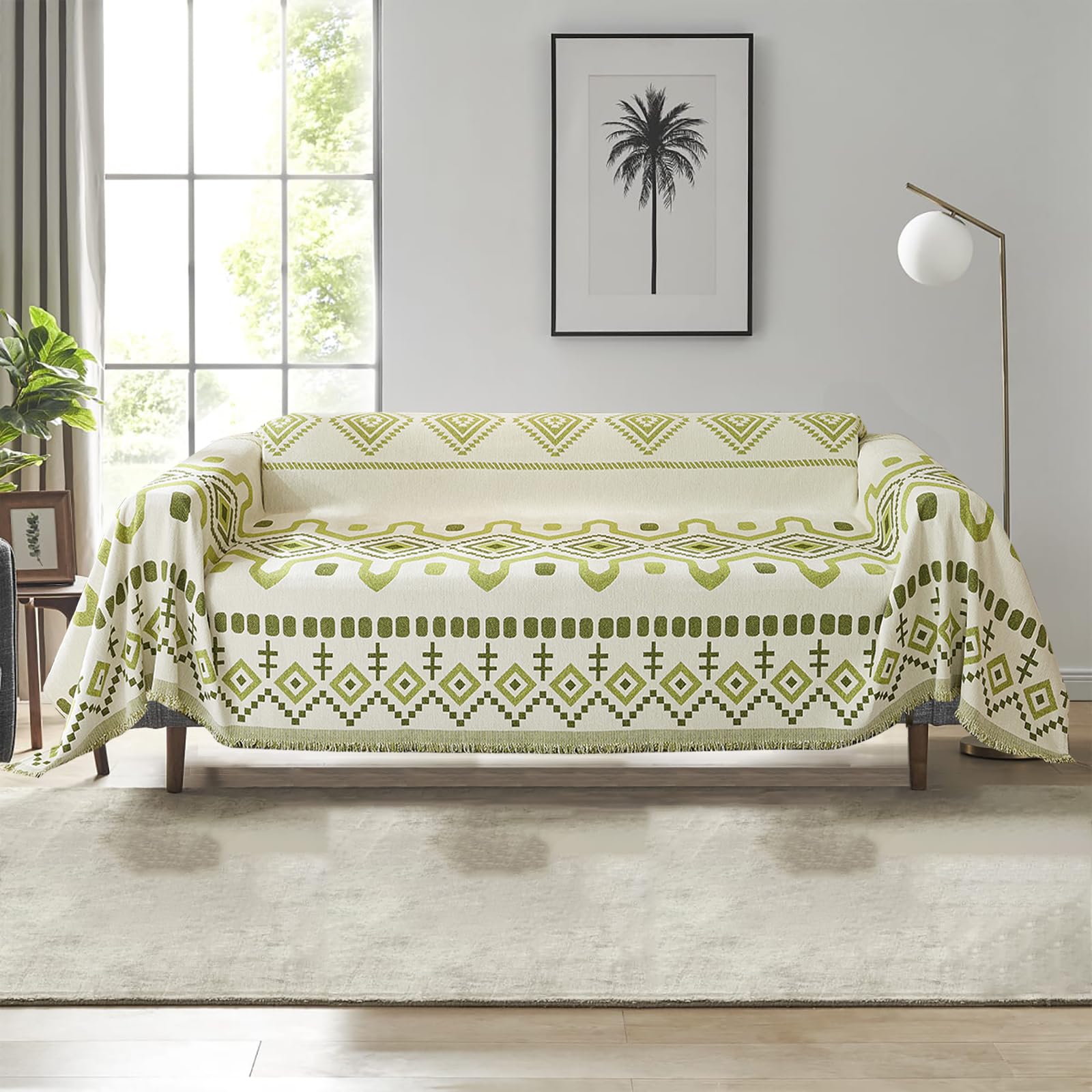 DREAMINGO Green Geometric Couch Cover Reverisble Chenille Sofa Cover Blanket Boho Sofa Covers for 3 Cushion Couch Washable Beige Couch Cover for Dog Sectional 3 Seat Couch Slipcover,71"x134" — image 1