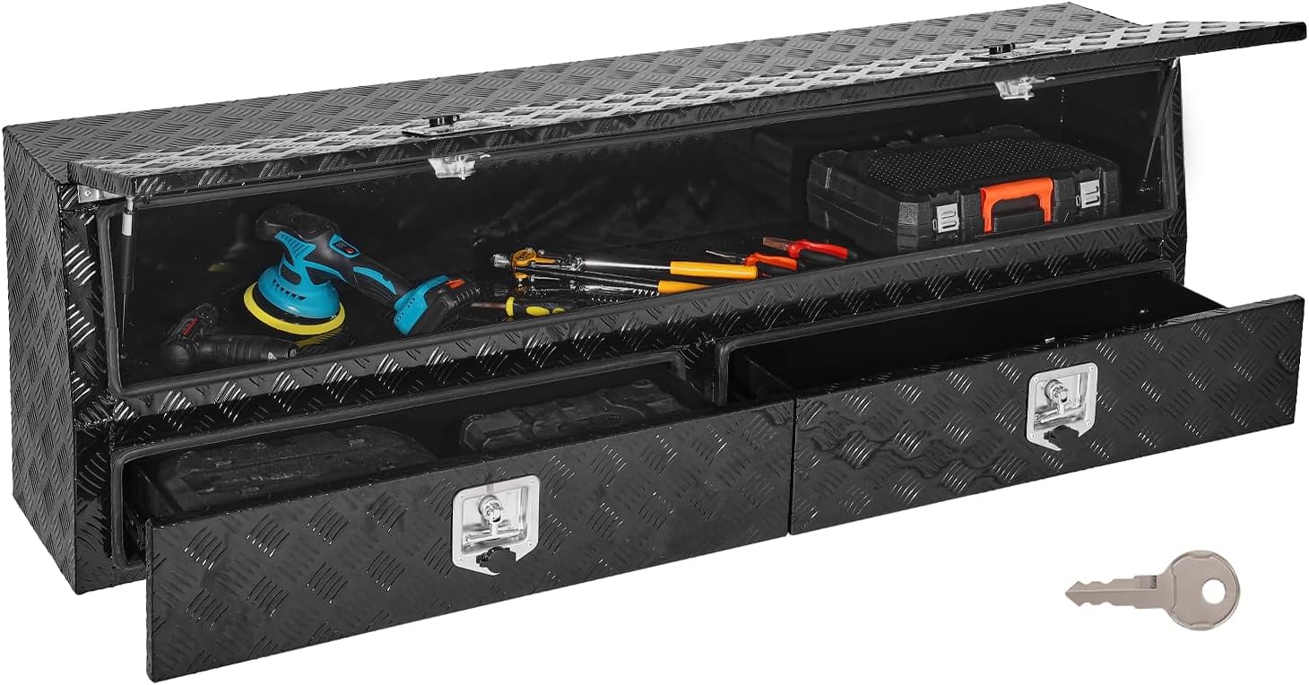 VEVOR Contractor Truck Tool Box, 72 x 21 x 13 in, Black Tread Aluminum TopSider Toolbox with Two Lower Drawers, Flip Up Door, Weather-Resistant Heavy Duty Storage Box with Latch, for Truck Bed Pickup