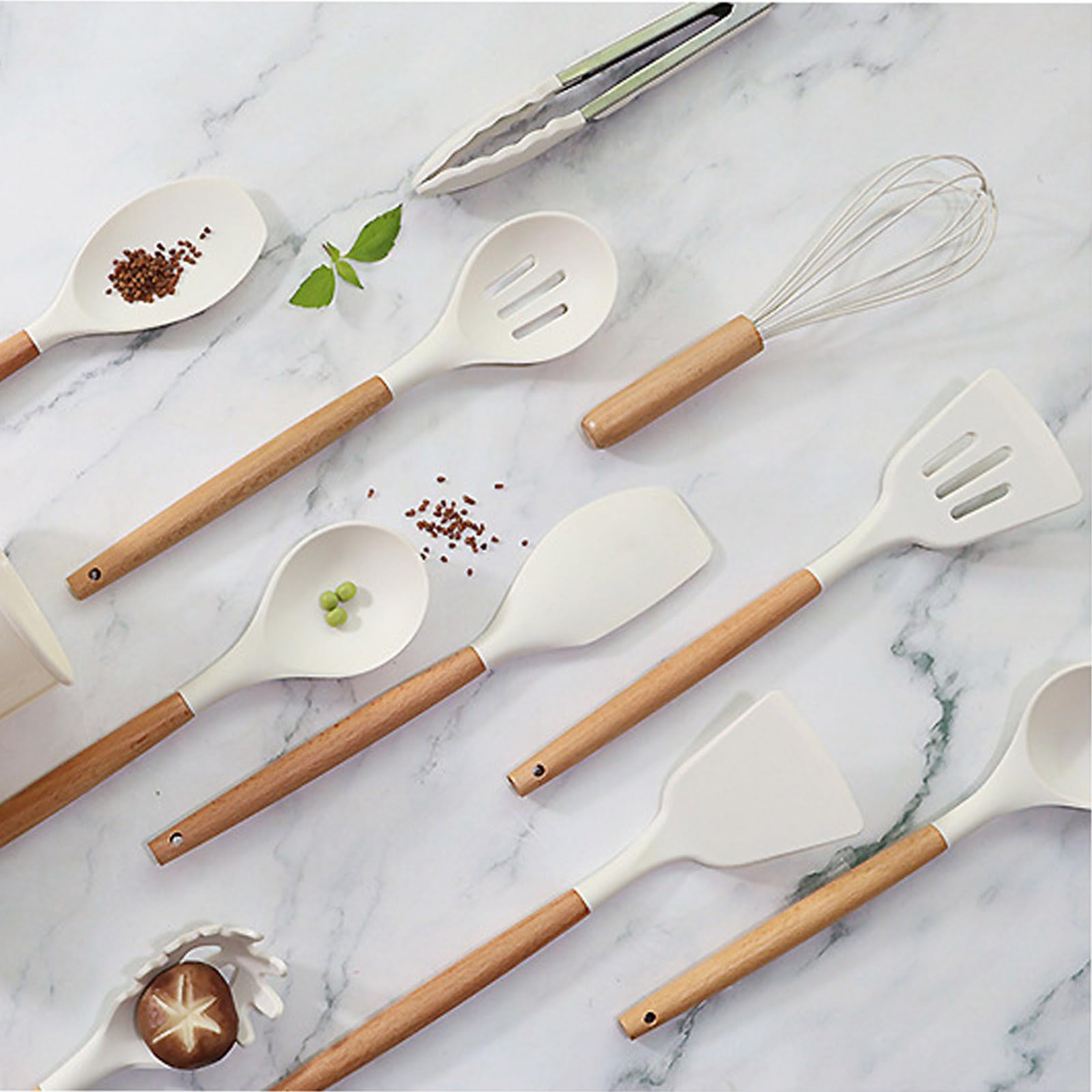 Silikon-Küchenutensilien-Set, 46-teiliges Silikon-Küchen-Kochutensilien-Set, Silikon-Pfannenwender-Set mit Halterung zum Kochen von antihaftbeschichteten Küchengeräten,Weiß