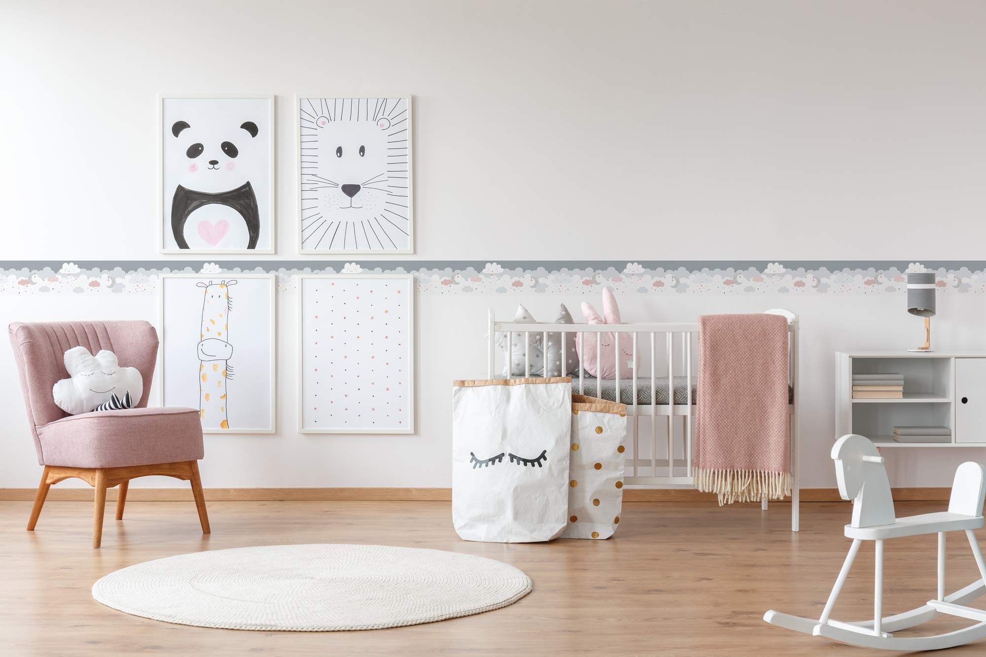 Lovely Kids Cenefas Adhesivas Para Los Niños Dreamy Sky 5.00 m x 0.155 m Gris Rosa Blanco Fabricado en Alemania de A.S. Création 403743