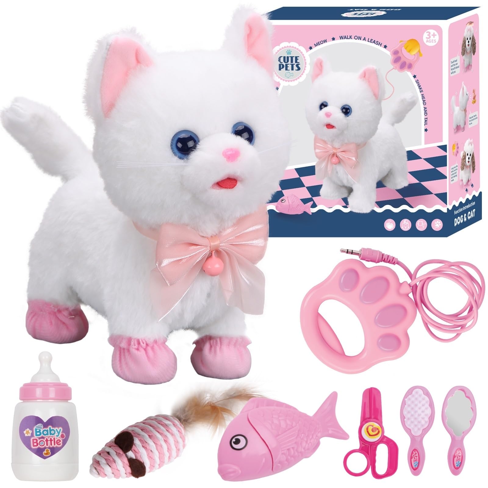 Plush Toy Cat for Kids - Interactive Electric Remote Control Walking Kitten with Leash, Pretend Play Pet Grooming, Feeding & Care Set for Toddlers Boys Girls Ages 3 4 5 6 8