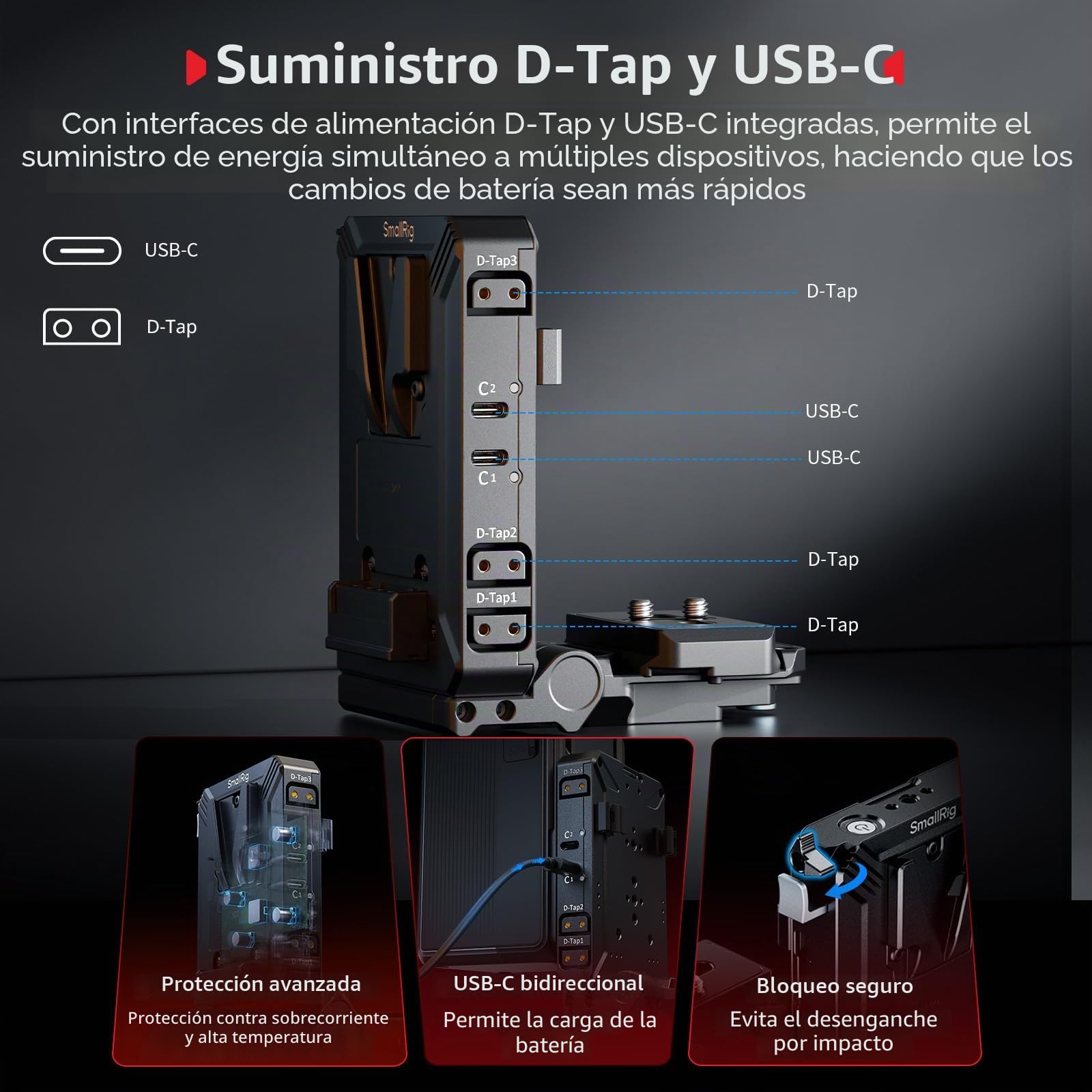 SMALLRIG Kit de Placa de Batería V-Mount Mejorada, con Placa QR para Arca, Protector de Pantalla, Clips para Cables, D-Tap/USB-C, para Cámaras Mirrorless/DSLR y Baterías NEEWER - 5227