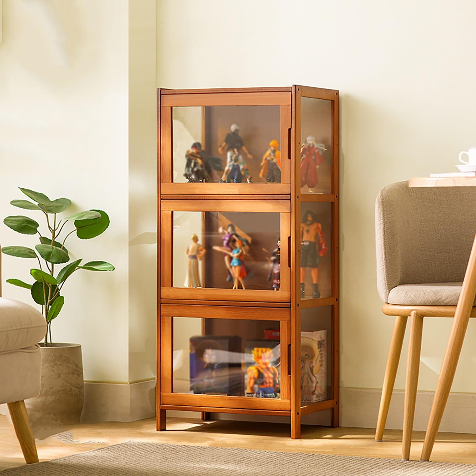 TRAGLOTRAGLO Curio Display Cabinet 2/3/4 Tier Storage Shelves Collectibles Toy Organizers Rack with Acrylic Door Tall Bookshelves for Playroom, Bedroom (Color : Brown, Size : 3 Layer)