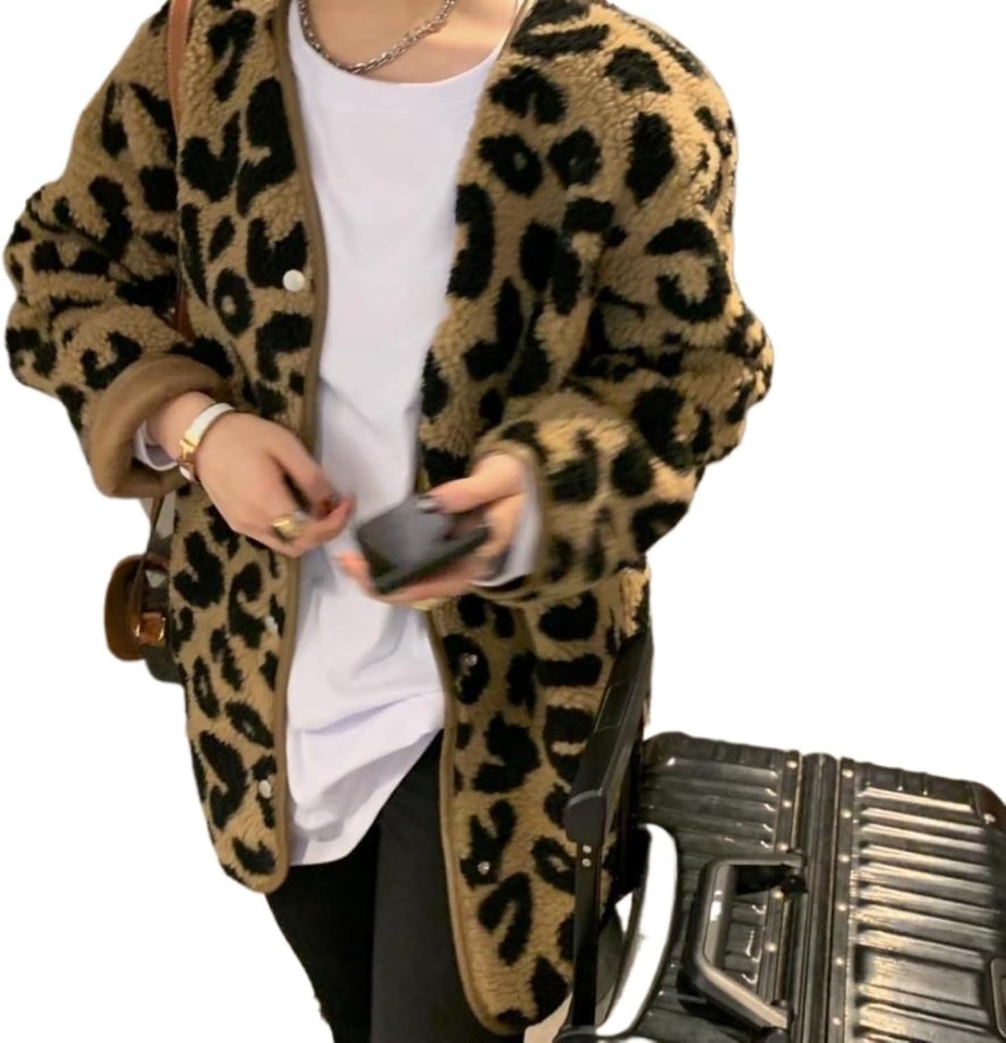 Women's Leopard Print Fuzzy Fleece Jacket Button Down Sherpa Coats Long Sleeve Pockets Shaggy Plush Outerwear