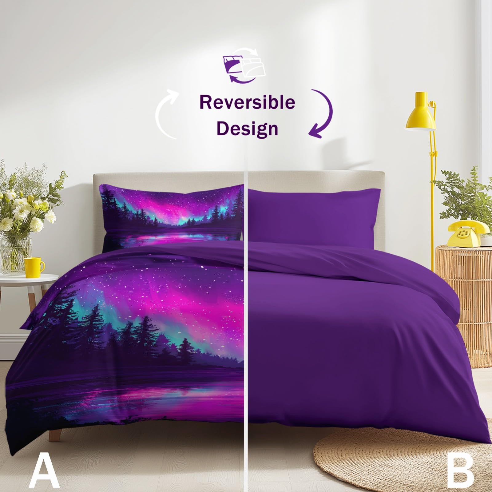 Générique Fantasy Aurora Poszwa na kołdrę Dreamer Lake Forest Zestaw pościeli Zestaw pościeli Dzieci Dorośli 260 x 240 cm z miękką poszewką na poduszkę Dekoracja pokoju, fioletowy