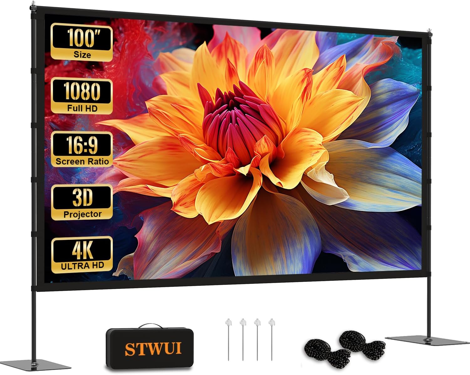 Projector Screen with Stand - 100 Inch Outdoor Projector Screen Portable Projector Screens 16:9 4K HD Outdoor Movie Screen with Carry Bag Can Enjoy Home Theater Projection Screen