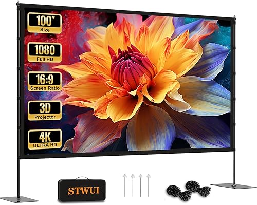 STWUI Pantalla de proyector con soporte, pantalla de proyector para exteriores de 100 pulgadas, pantallas de proyector portátiles 16:9 4K HD