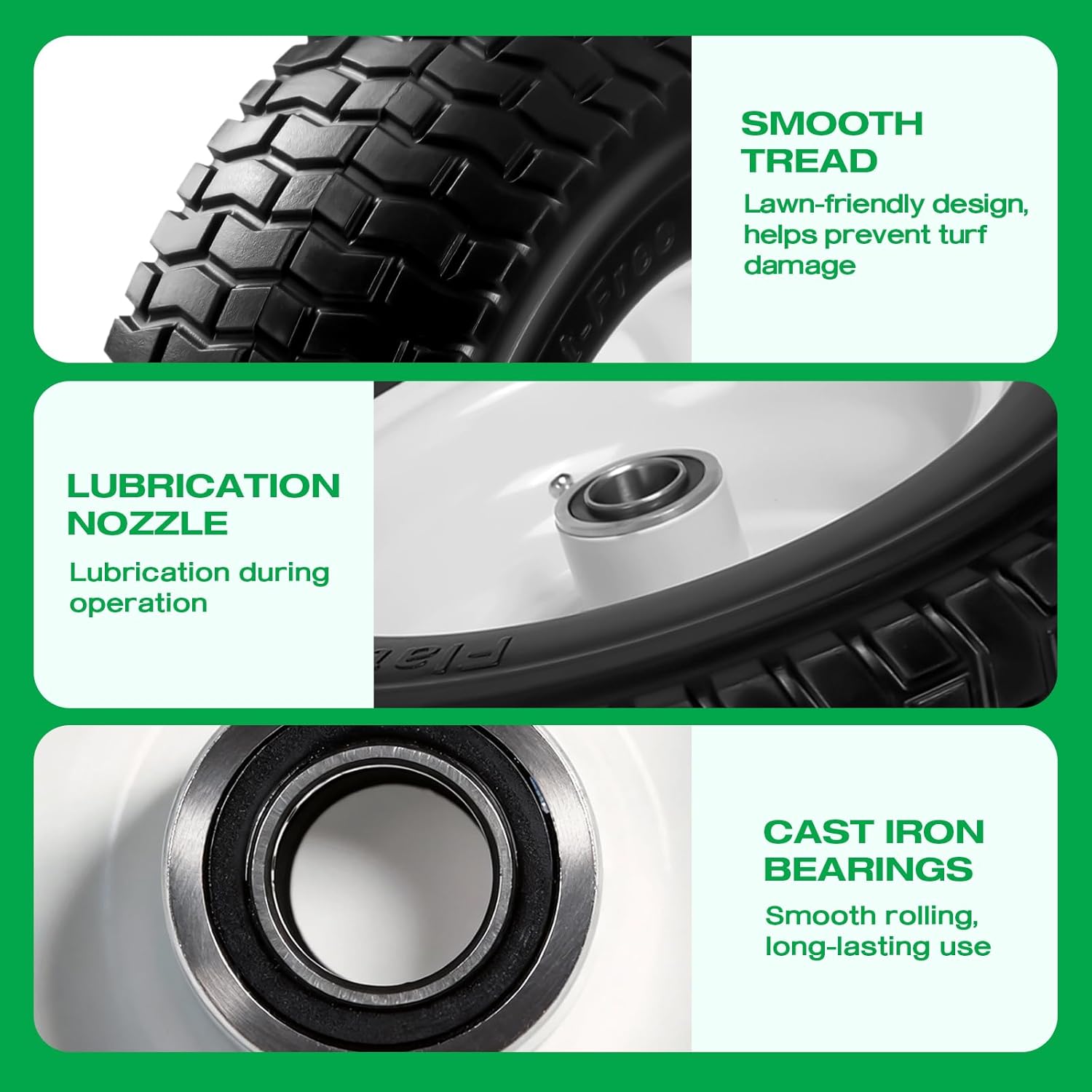 13x5.00-6 Flat Free Lawn Mower Tire Wheels; 2 Packs Smooth Tread Puncture-proof Tire for Lawnmowers, Replacement 3/4" & 4 Pcs 5/8" Bearing with 24 Spacers for Zero Turn Mowers 、Garden Tractors Carts