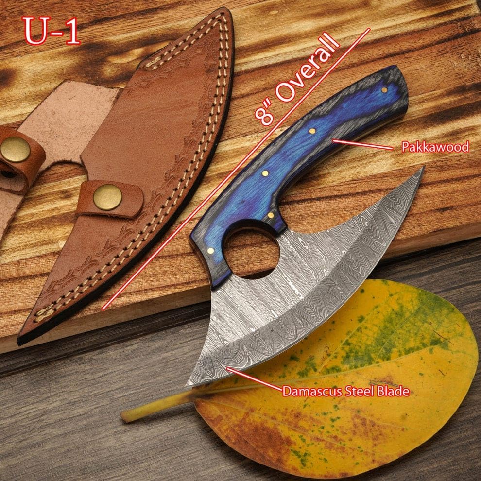 Damascus Steel Ulu Knife with Leather Sheath - Handmade Pizza Cutter with Non-Slip Pakka Wooden Handle - Alaska Ulu Knife Used For Multi-Purpose in Kitchen & Outdoor - Best Gift for your Loved One (Blue Pakka Wood)