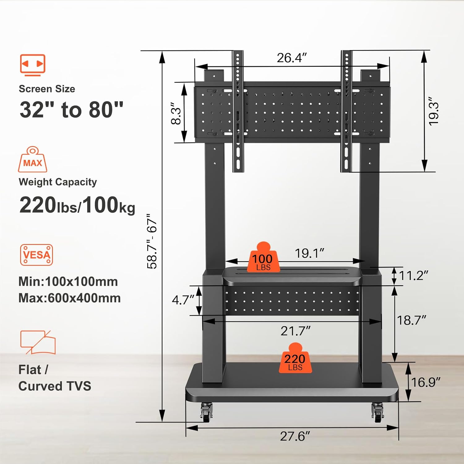 Mobile TV Cart Rolling TV Stand with Pegboard Storage for 32-80 Inch Screens up to 220 lbs, Height Adjustable Heavy-Duty Portable Floor TV Stand on Lockable Wheels with Shelf Max VESA 600x400mm