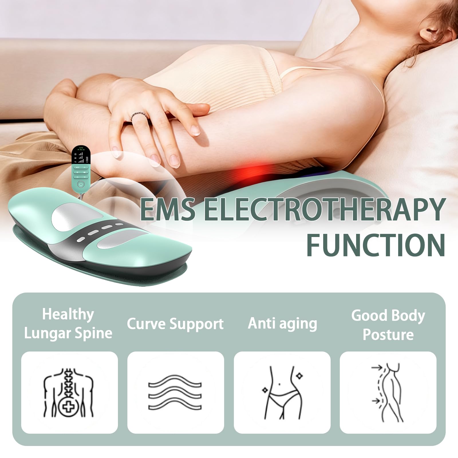 Masajeador Lumbar Eléctrico, 4 en 1 Masajeador de Espalda Inalámbrica con Tracción Airbag, Compresas Calientes, Masaje Vibratorio, Electroterapia EMS,Alivio del Dolor Lumbar