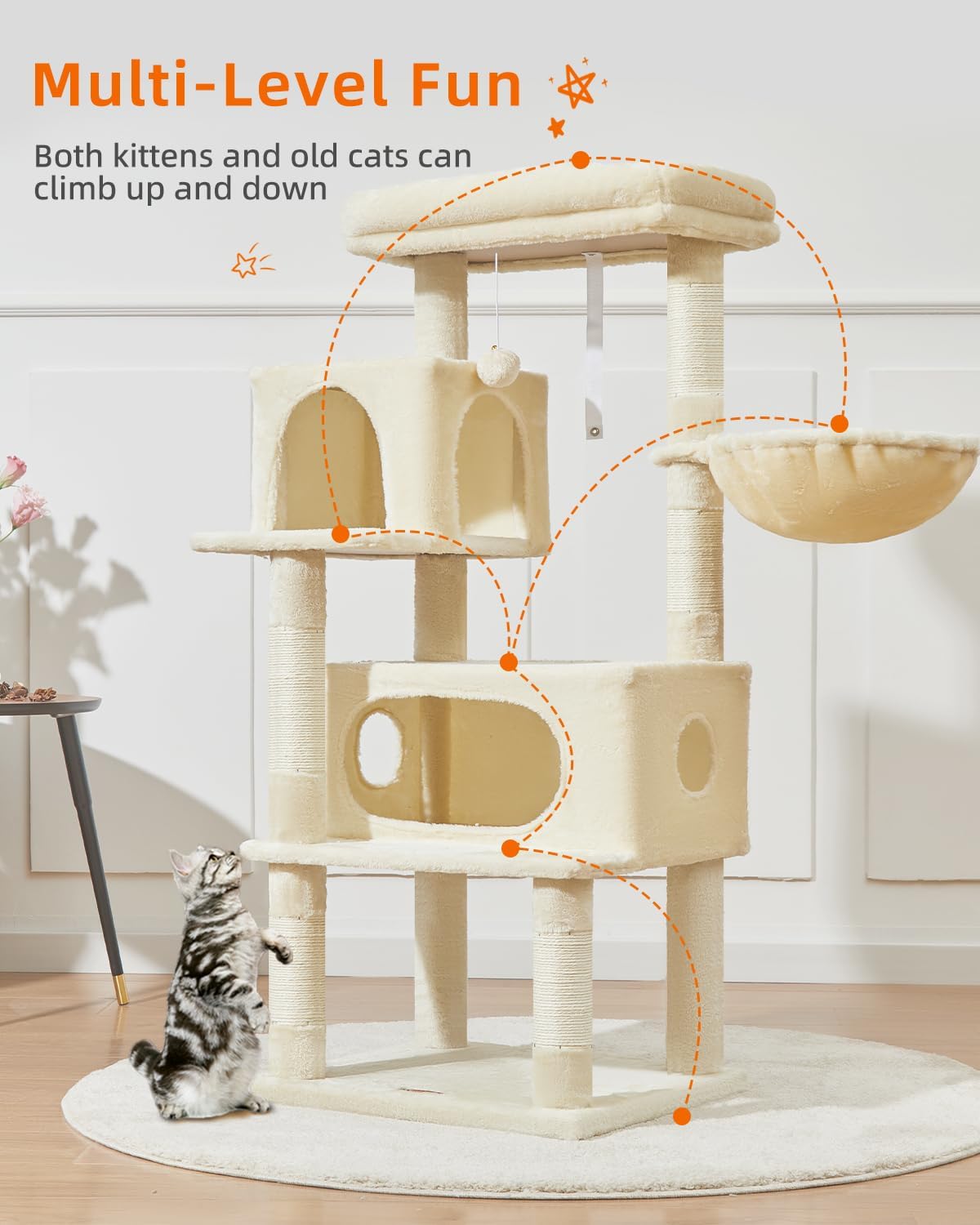 Taoqimiao Cat Tree,49-Inch Cat Tower for Indoor Cats,2 Luxurious cat condo with Adjustable Large Hanging Baskets and Large Luxurious Perch Beige MS029LM