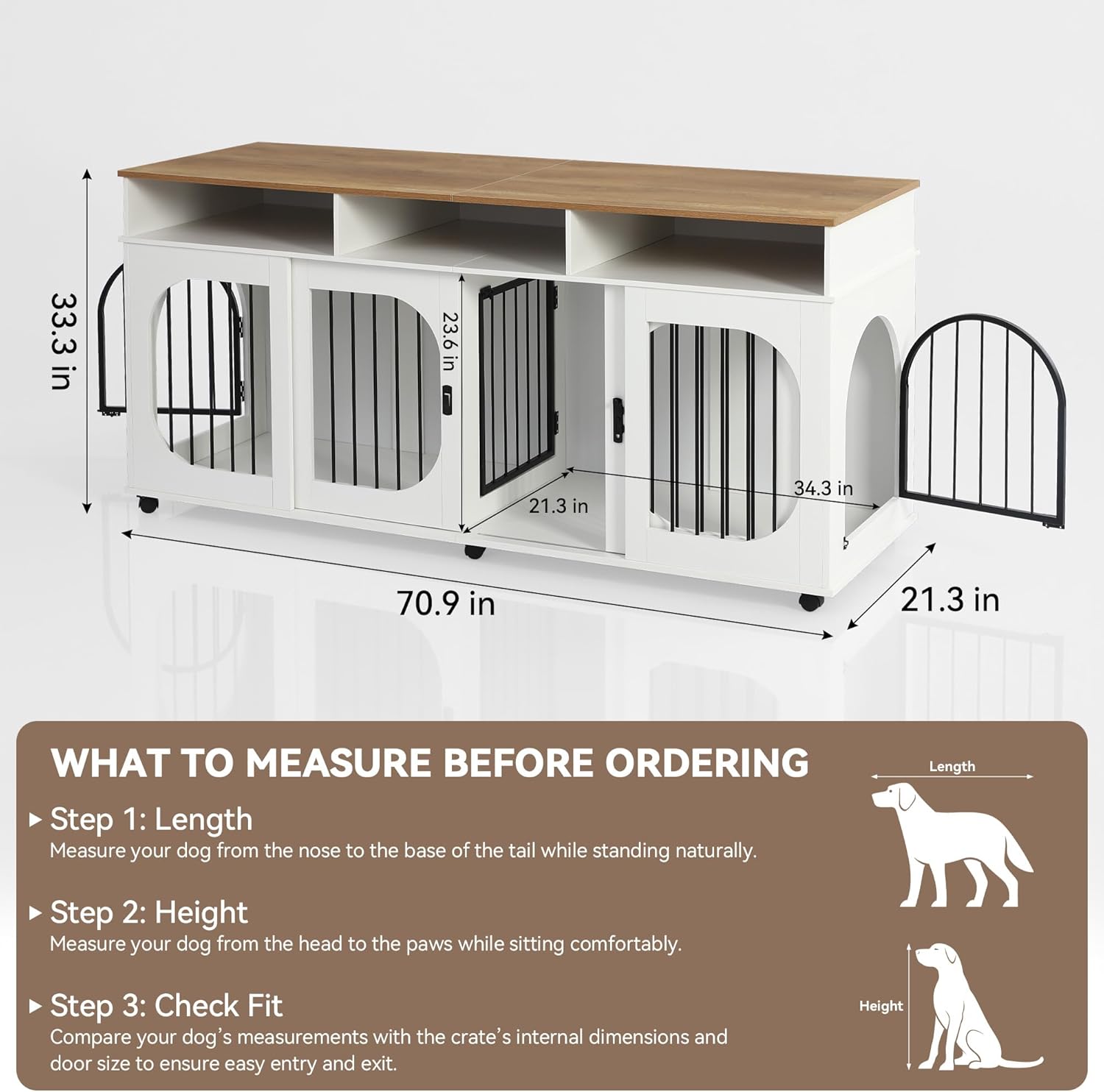 71" Double Dog Crate Furniture, Heavy Duty Indoor Dog Kennel with 3 Storage Drawers & Removable Divider,Wooden Double Dog Kennel for 2 Dogs,6 Lockable Wheels