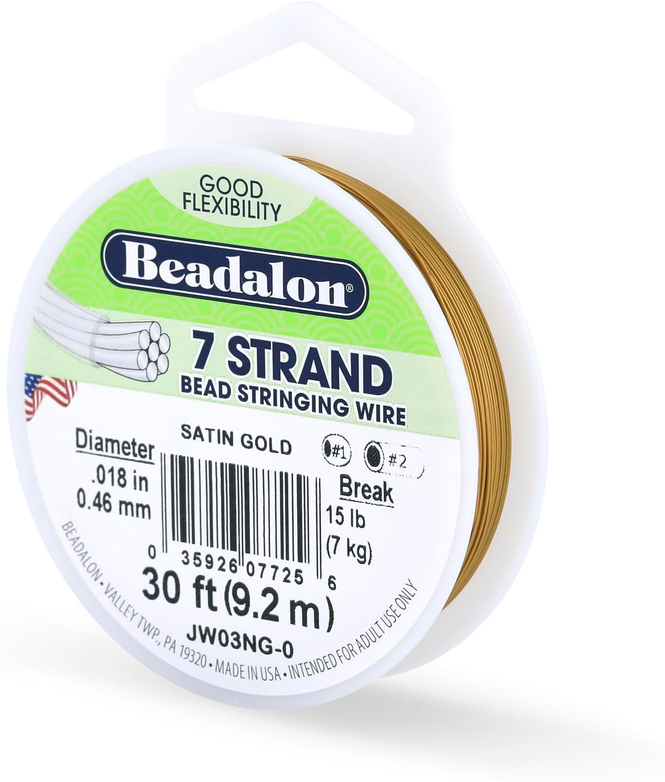 Beadalon 7 Strand Stainless Steel Bead Stringing Wire.018 in / 0.46 mm, Satin Gold, 30 ft / 9.2 m