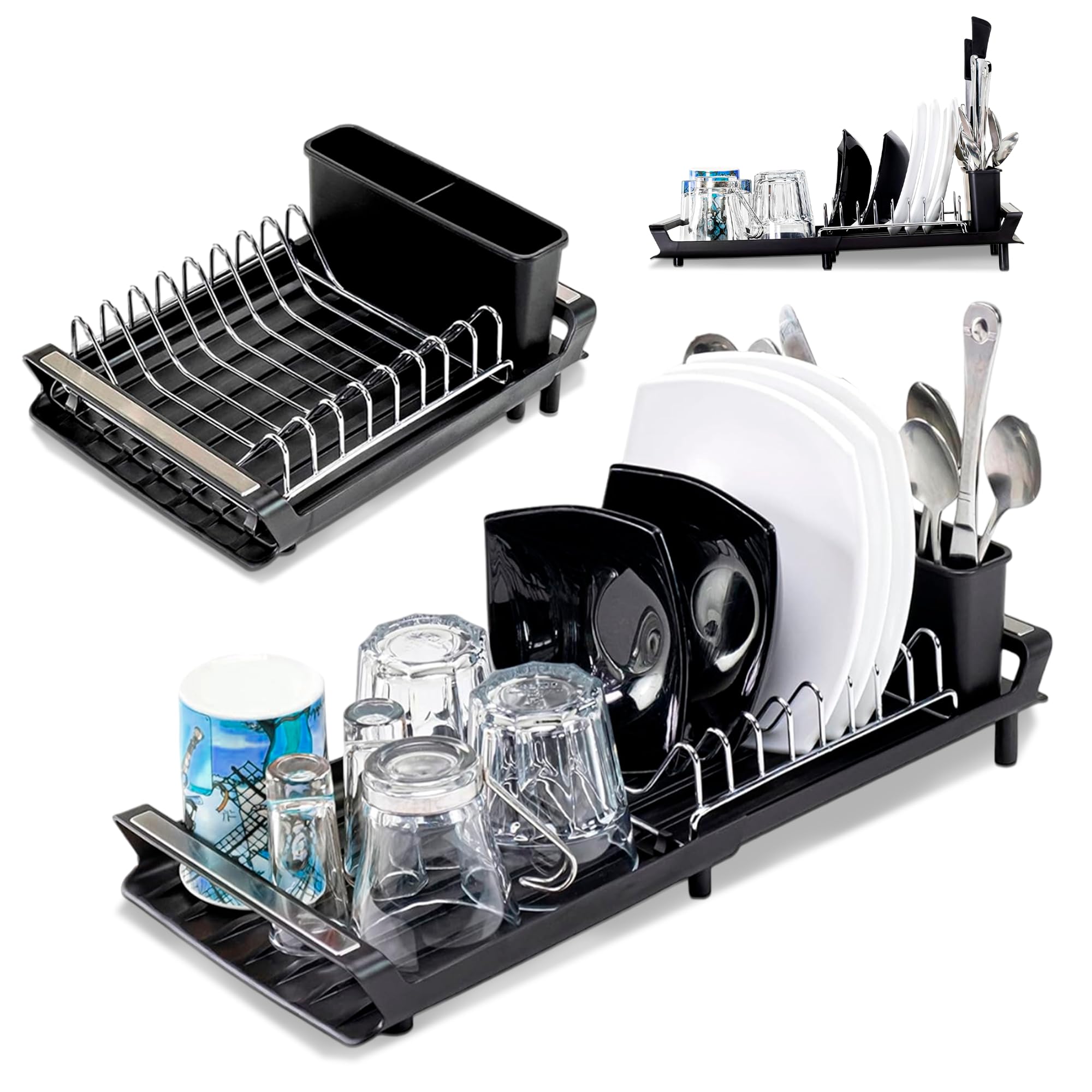 JUPPLIES Escurreplatos sobre Fregadero Extensible con Sistema de Drenaje - Escurridor de Platos Plegable con Soporte para Cubiertos - Escurre Platos con Acero Inoxidable 28x20cm