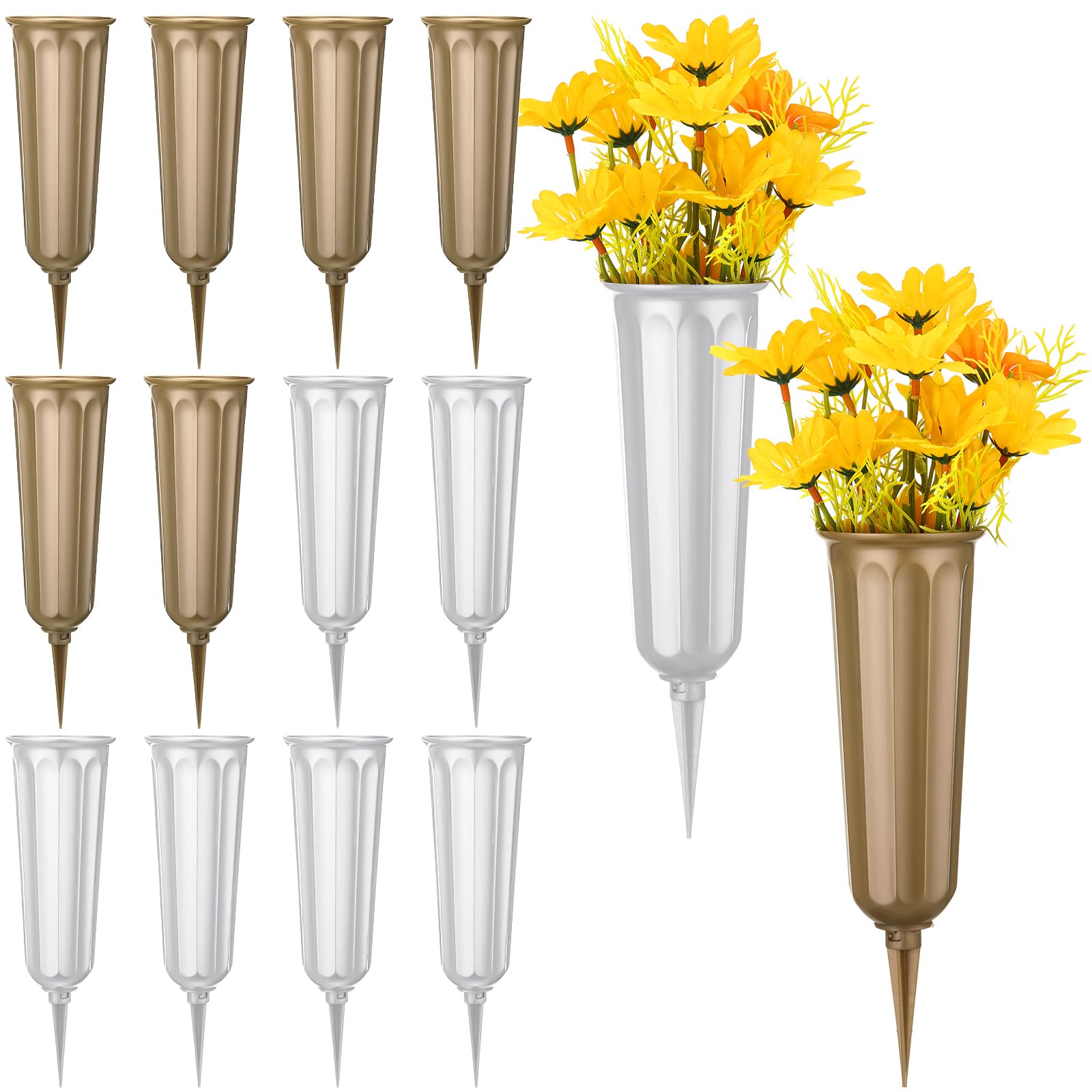 Lallisa 12 Pcs Cemetery Vases with Spikes Plastic Memorial Floral Grave Flower Holder Cone In Ground Vases with Stakes for Lawn Headstone Graveside Decoration Artificial Fresh Flowers(White, Bronze)