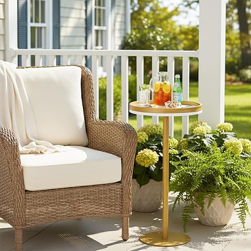 Miniatura 9 de Mesa Martini, pequeña mesa redonda para bebidas con base pesada, moderna mesa auxiliar de pedestal blanco y dorado con borde superior de bandeja