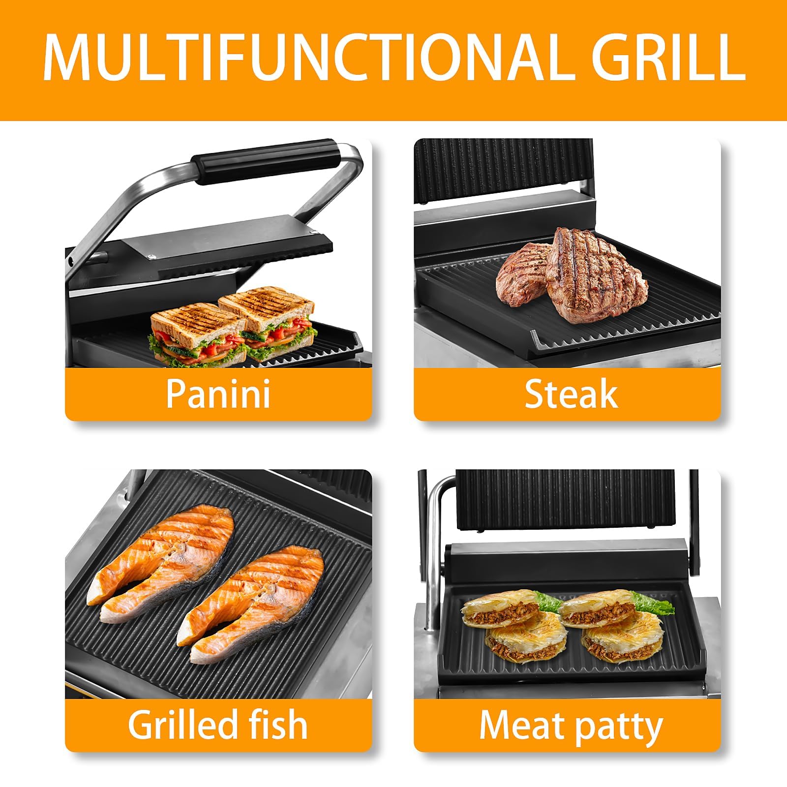 Commercial Panini Press, dwustronne ogrzewanie elektryczne kanapki Panini Grill z powłoką bezstronną i 50-300 ℃ Regulowana temperatura, maszyna do kanapki tosterowej dla hamburgerów steków