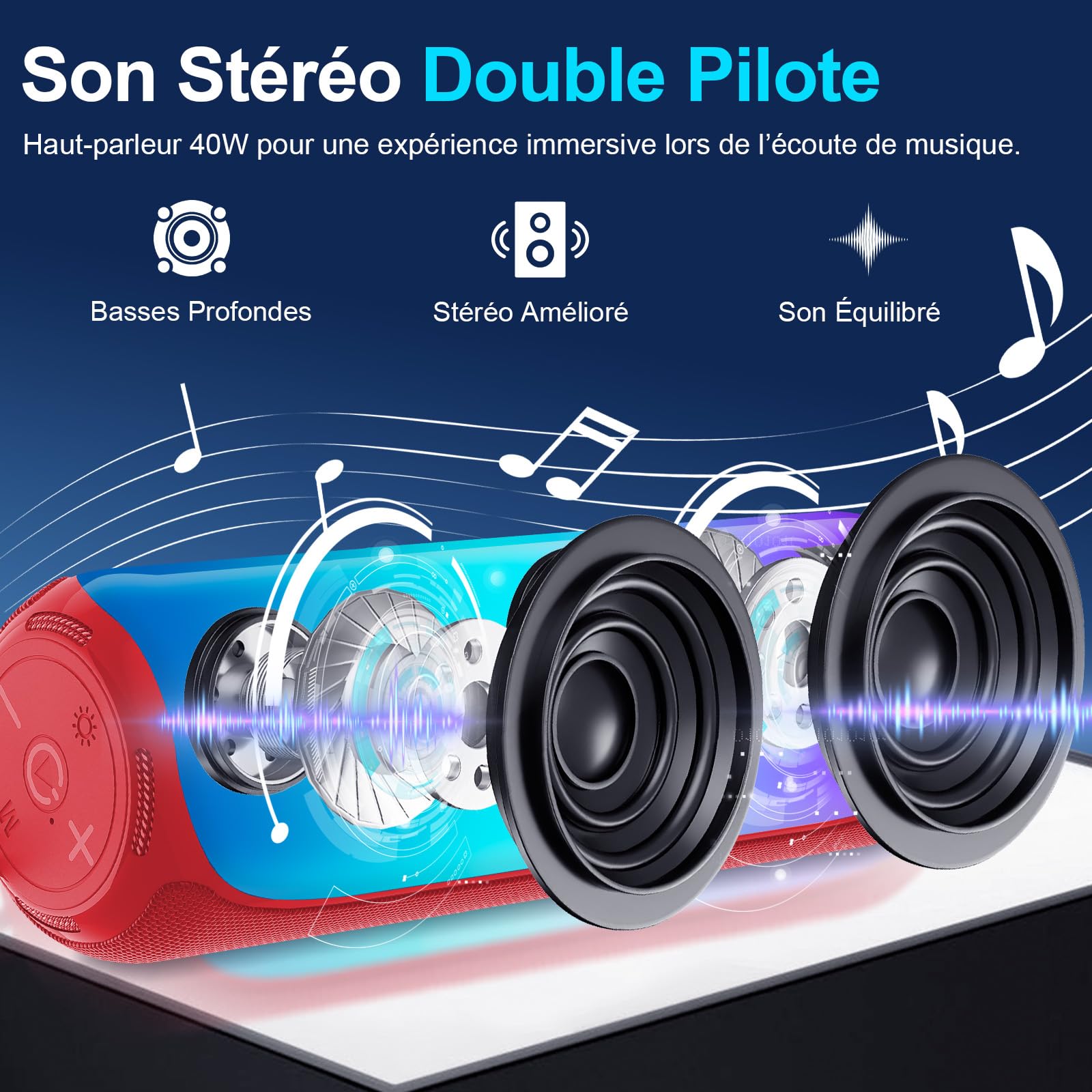 VOCH Enceinte Bluetooth Portable sans Fil Haut-Parleur avec Lumières RGB, 40W Stéréo Puissante, Bluetooth 5.3, Appairage TWS, Étanche IPX7, 20H Autonomie pour Fête, Maison, Extérieur, Voyage (Rouge)