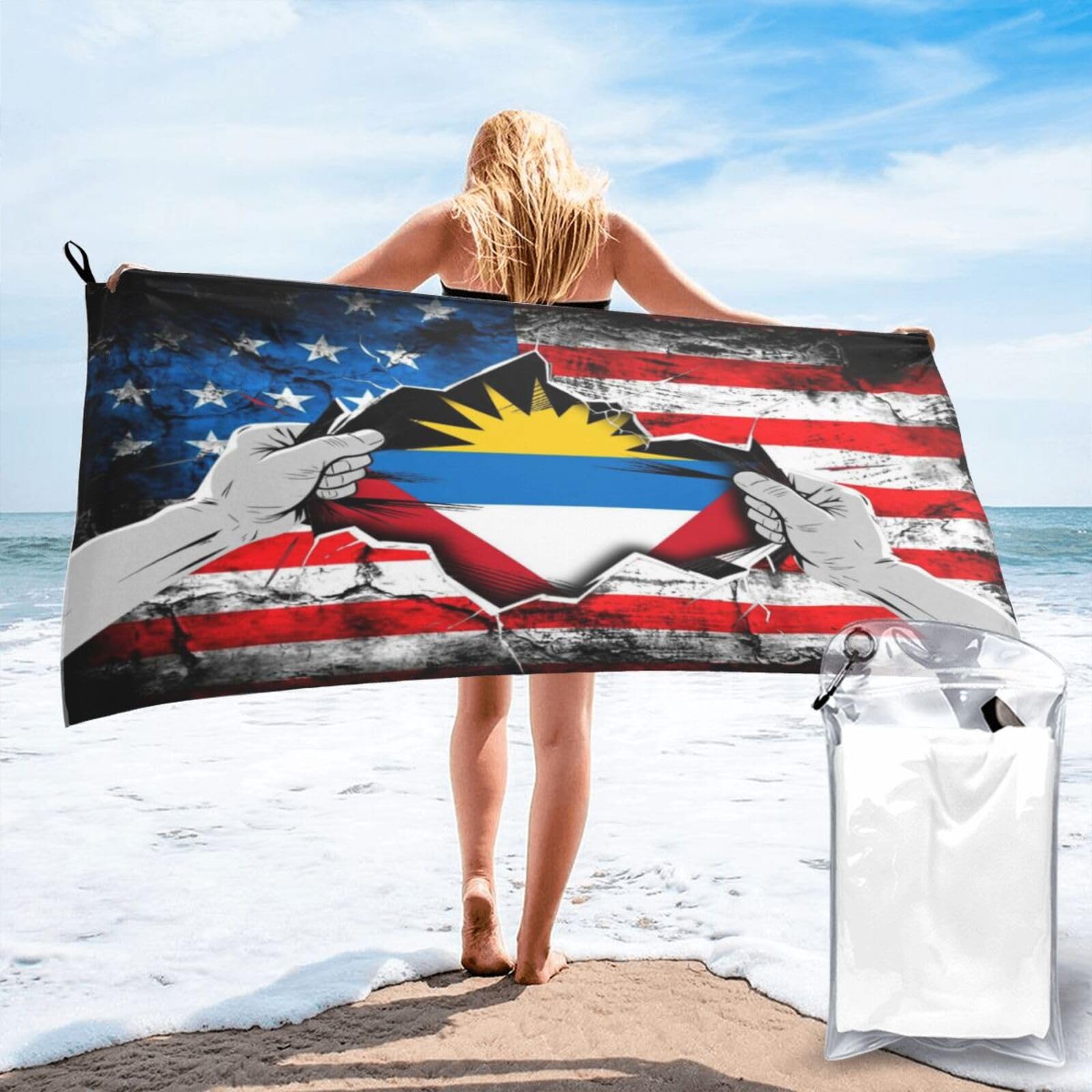 HACXZ American and Antigua and Barbuda Flag Vintage Beach Towel Lightweight Absorbent Beach Towel Microfiber 27.5"X55"