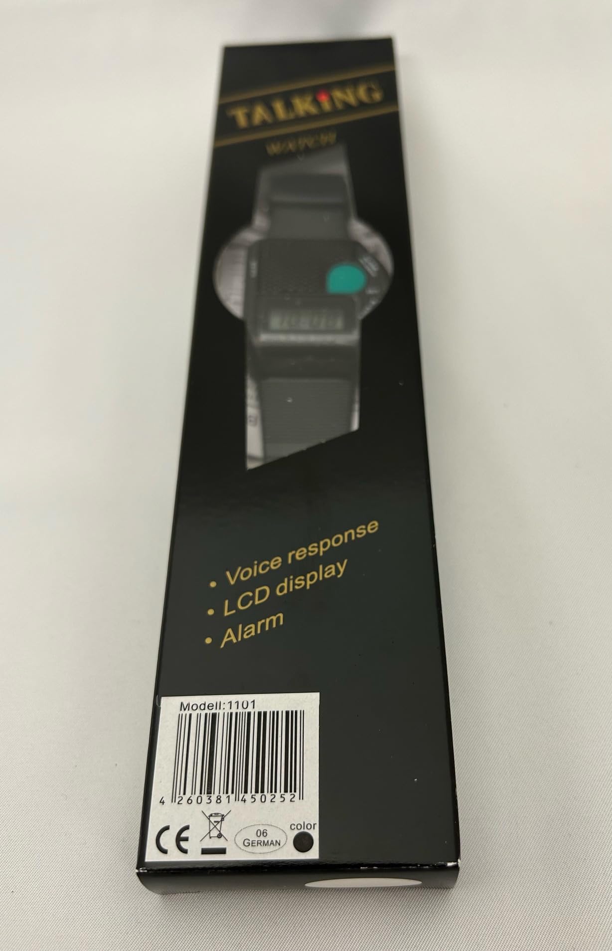Orologio da Polso Parlante MV con grande parlavo pulsante nero - Blindenuhr - nuovo! Con scritta in lingua tedesca contenitore - confezione pronta da chiuso