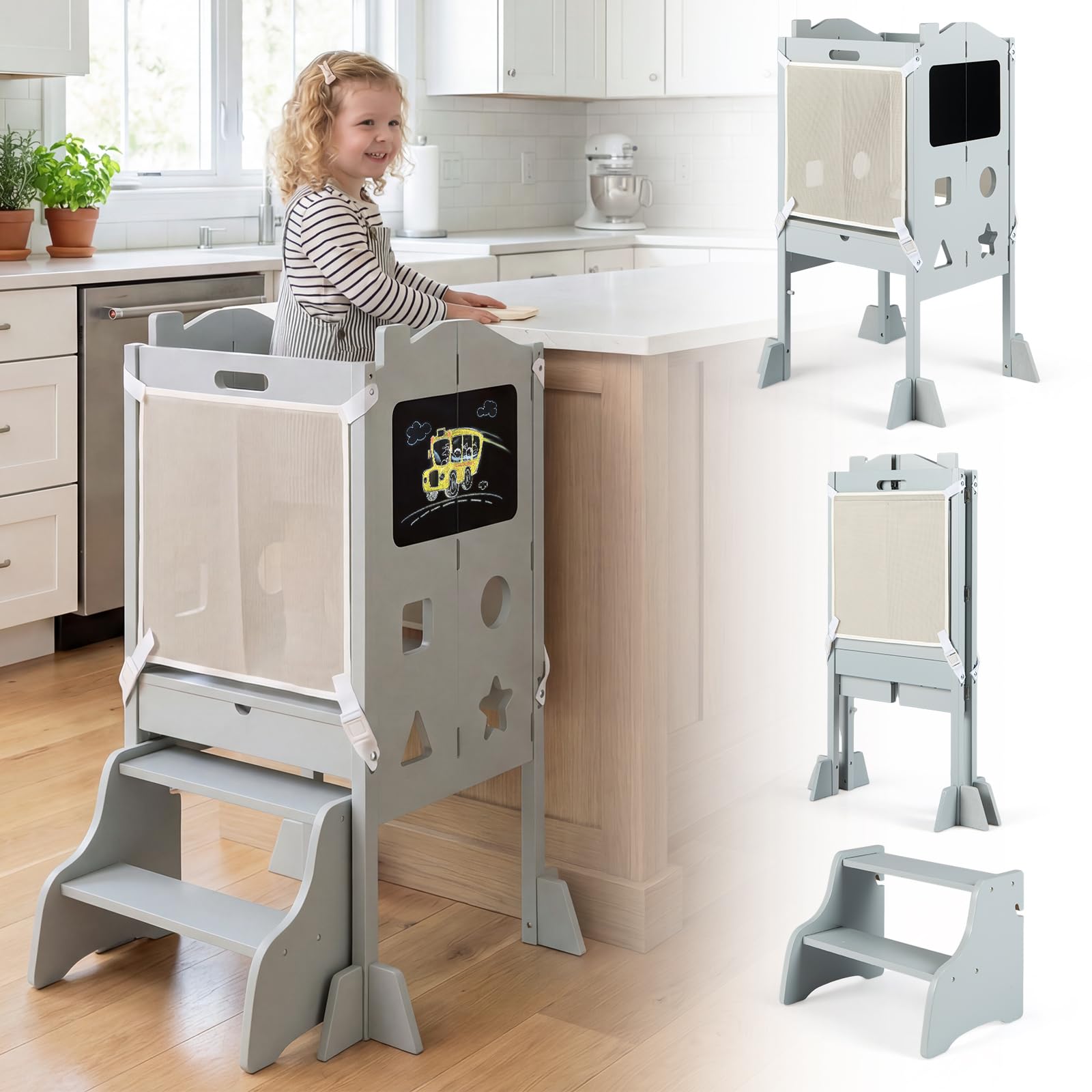 Costzon Folding 4-in-1 Toddler Step Stool with Chalkboards (Grey)