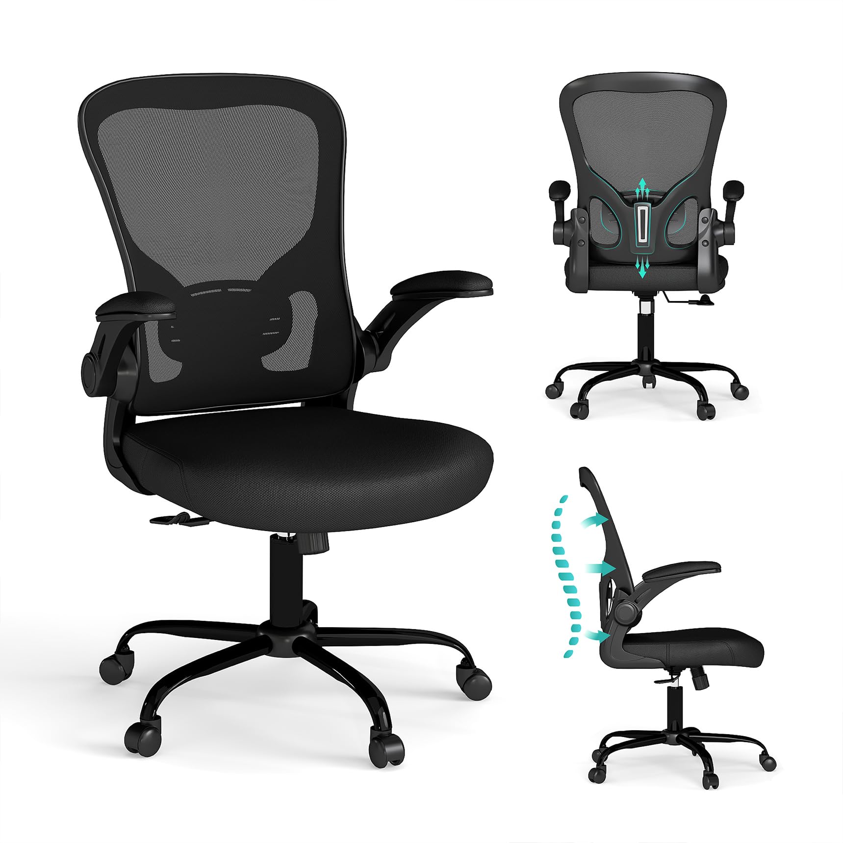 Flysky Mesh Office Chair, Ergonomic Computer Desk Chairs for Home Office - with Comfy/Comfortable Flip-up Arm Rests, Lumbar Support, Height Adjustable, 360 Degree Rolling Swivel (Black)