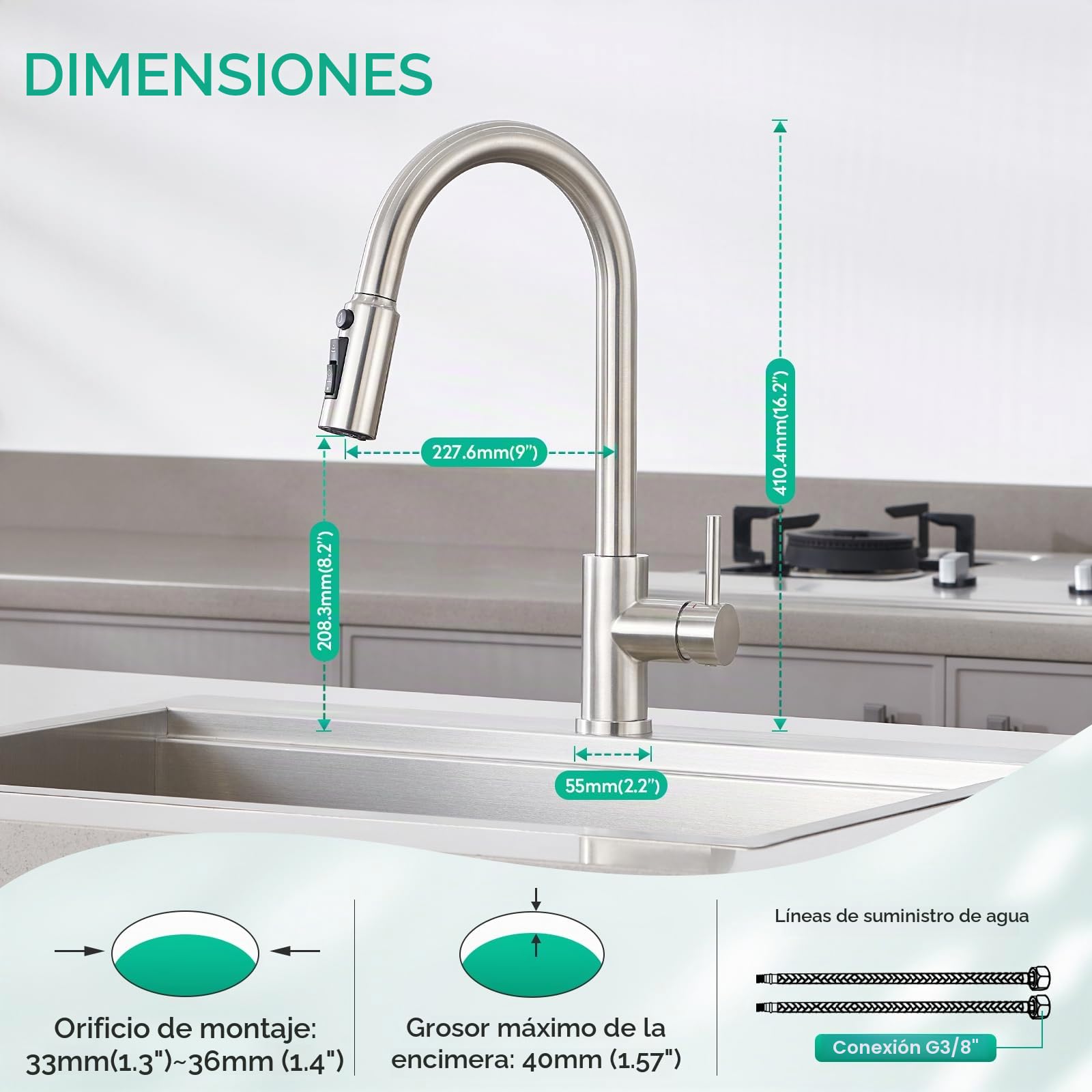 CREA Grifo de cocina de 3 vías,Giratorio a 360° Grifo Monomando Fregadero De Cocina Para Filtro De Agua,3 En 1 Grifo De Fregadero De Cocina Para Sistemas De Ósmosis Latón,Acero Inoxidable Cepillado