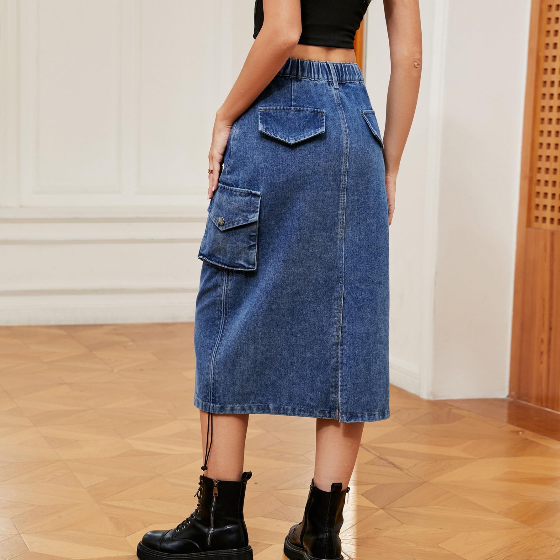 Jupe midi ample pour femme avec cordon de serrage - Jupe de parachute taille mi-haute - Jupe cargo en jean réglable - Jupe midi longue en jean