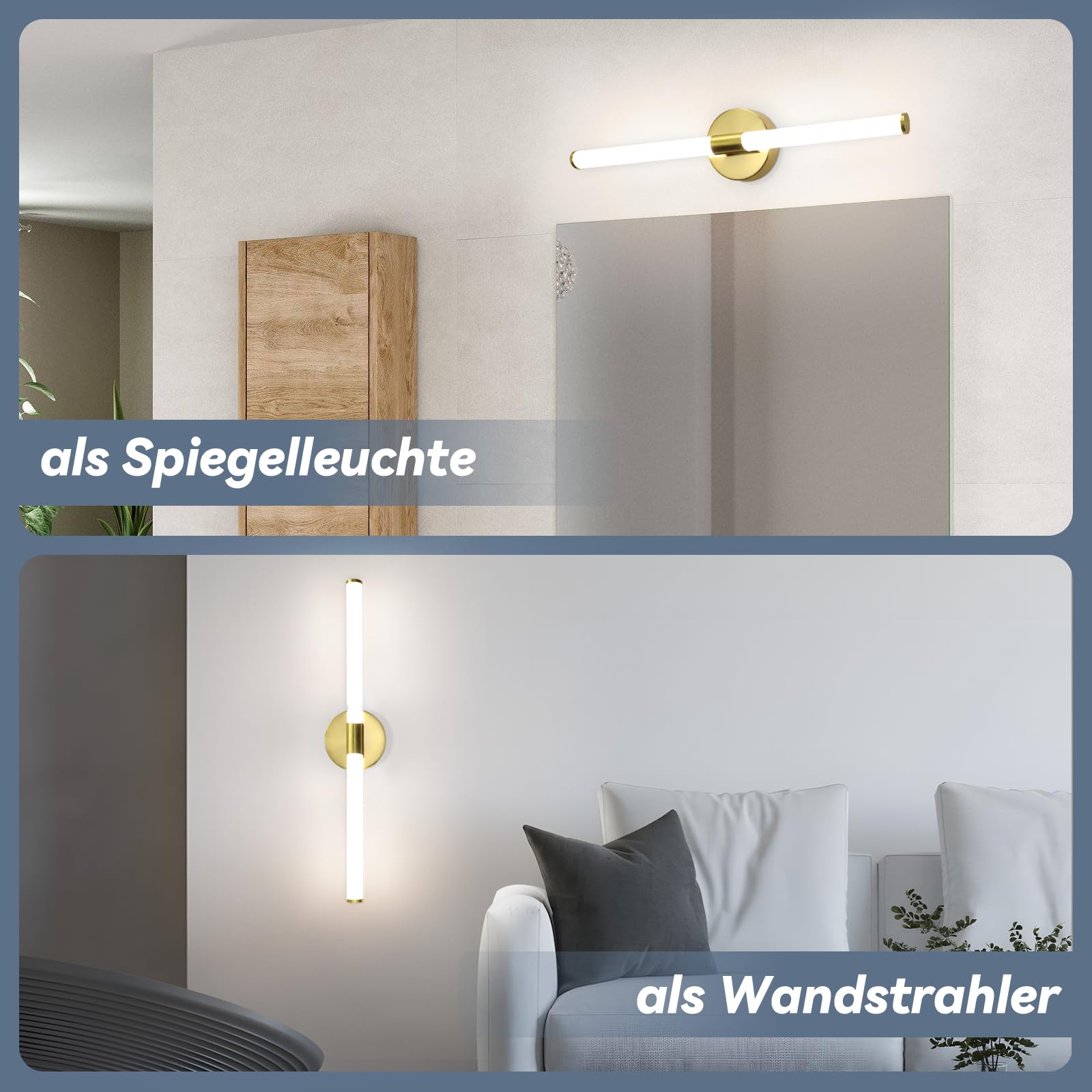 LED Spiegelleuchte Bad Wandlampe - 8W Gold Badlampe 60CM | Wand Badezimmer Lampe Wandleuchte 4000K Neutralweiß Spiegellampe Modern IP44 Badlampe für Badschrank Keller Küche Flur