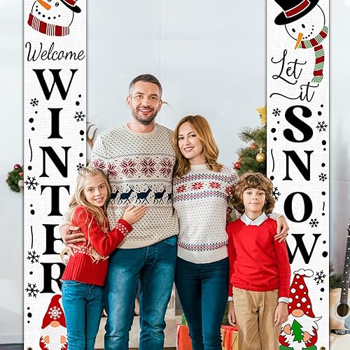 Miniatura 6 de Decoración navideña con texto en inglés "Welcome Winter & Let it Snow", letrero de porche de gnomo, muñeco de nieve, pancarta azul colgante de