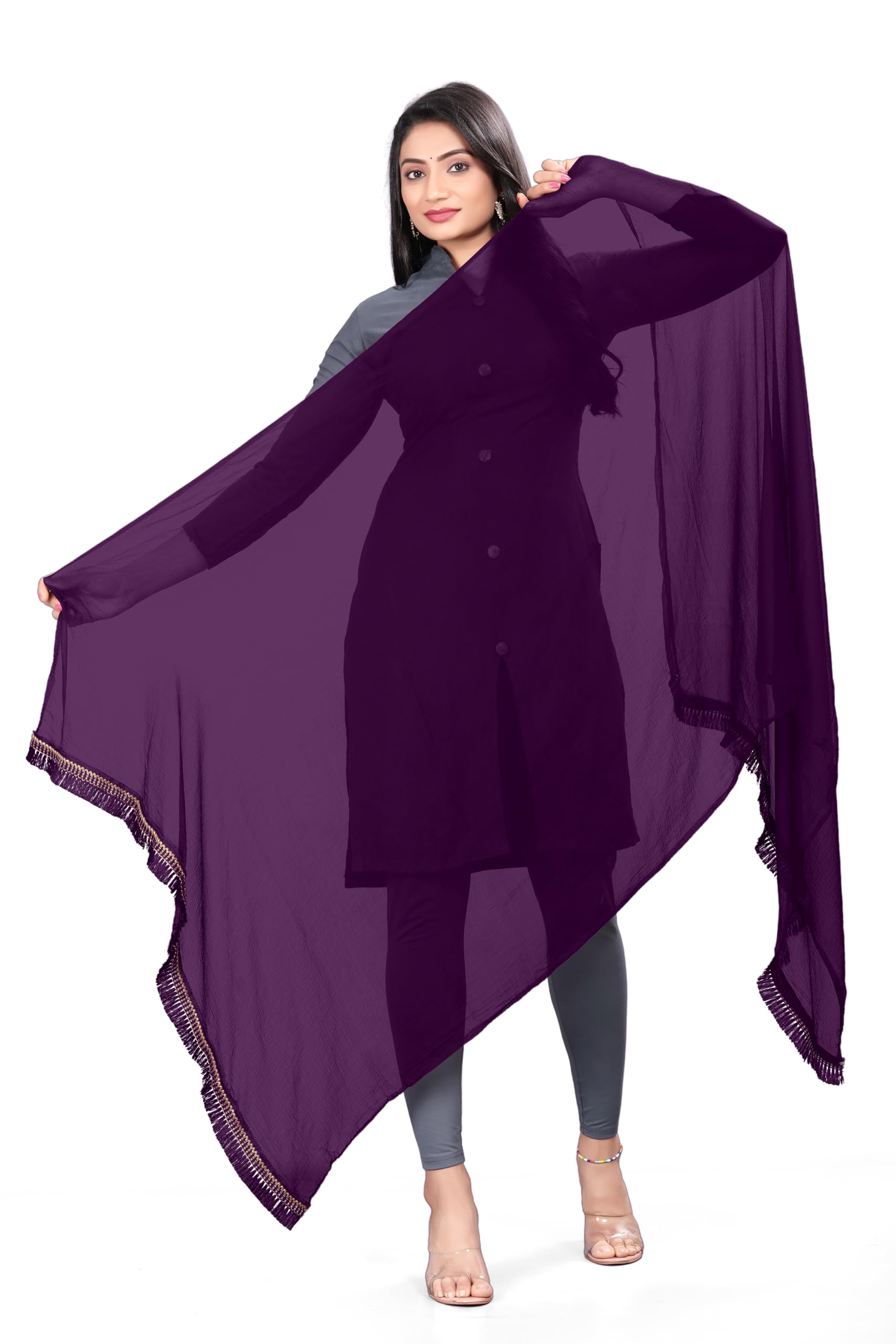 Dupattas Chiffon Plain Sequence Lace Women Dupatta | College Scarf for Girls and Women