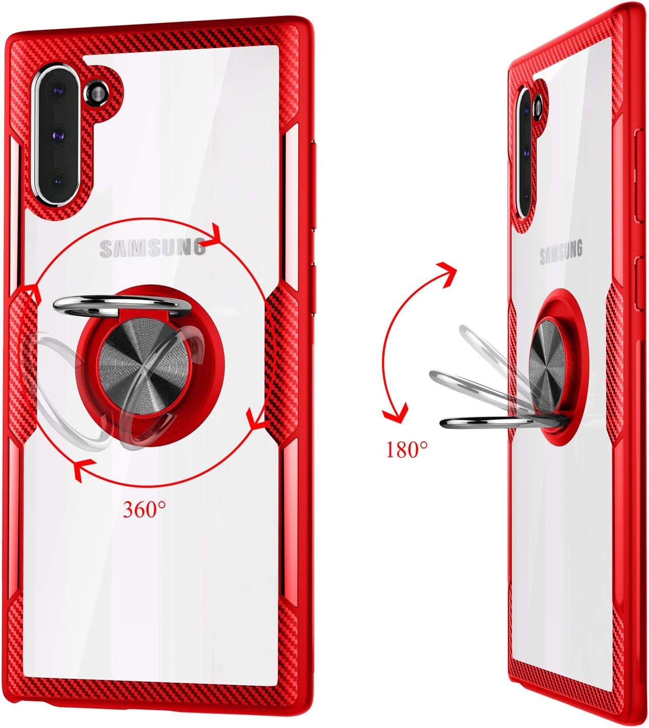 WATACHE Galaxy Note 10 Case, Crystal Clear Carbon Fiber Design Armor Protective Case with 360 Degree Rotation Finger Ring Grip Holder Kickstand [Work with Magnetic Car Mount] for Galaxy Note 10,Red
