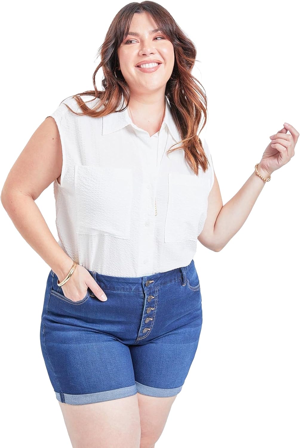 Royalty For Me womens Women's Plus Size High Rise Curvy Exposed Button Fly Cuffed ShortsShorts - Image 5