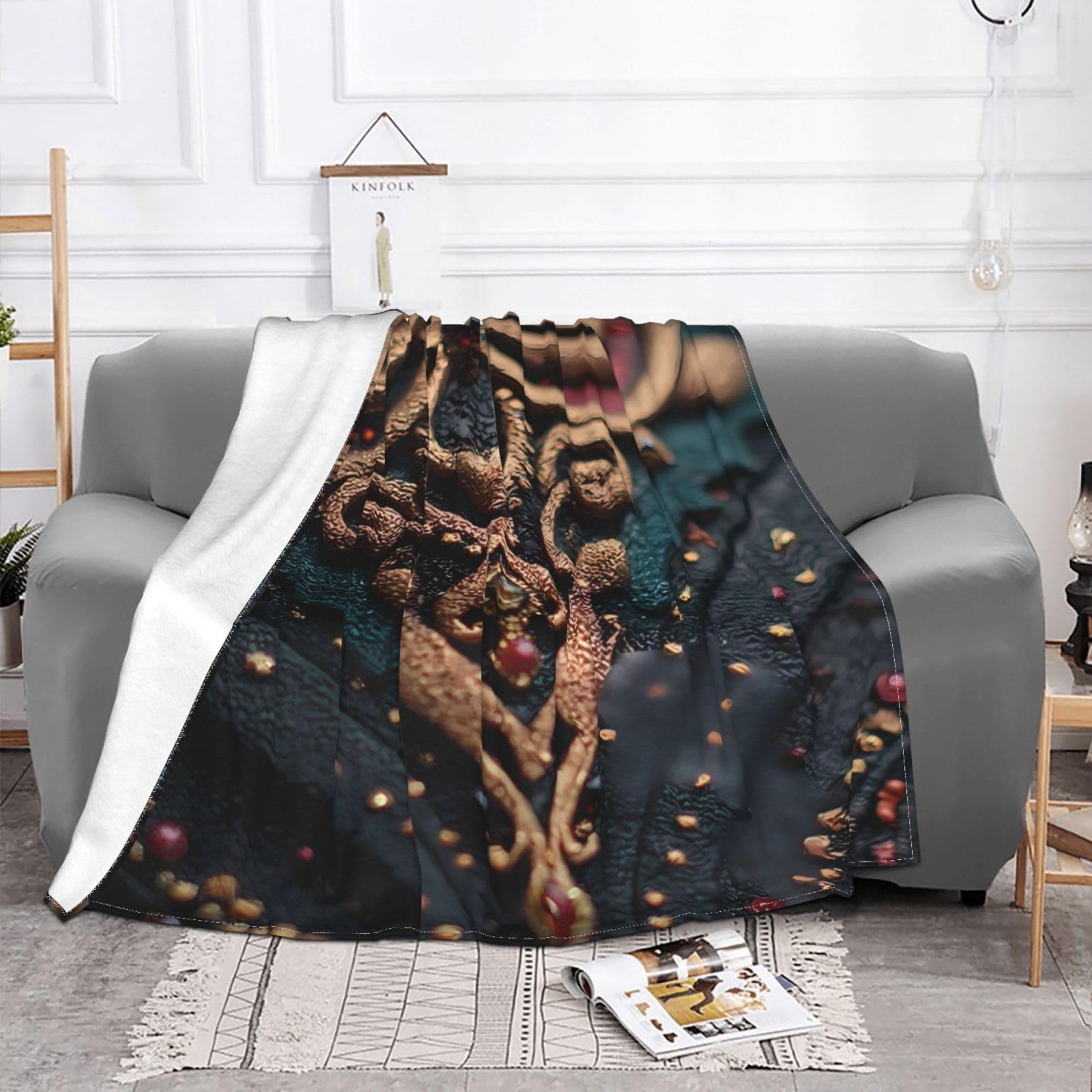 Manta de viaje portátil de 80 x 60 pulgadas, suave, resistente a las arrugas, plegable, exquisito estampado dorado