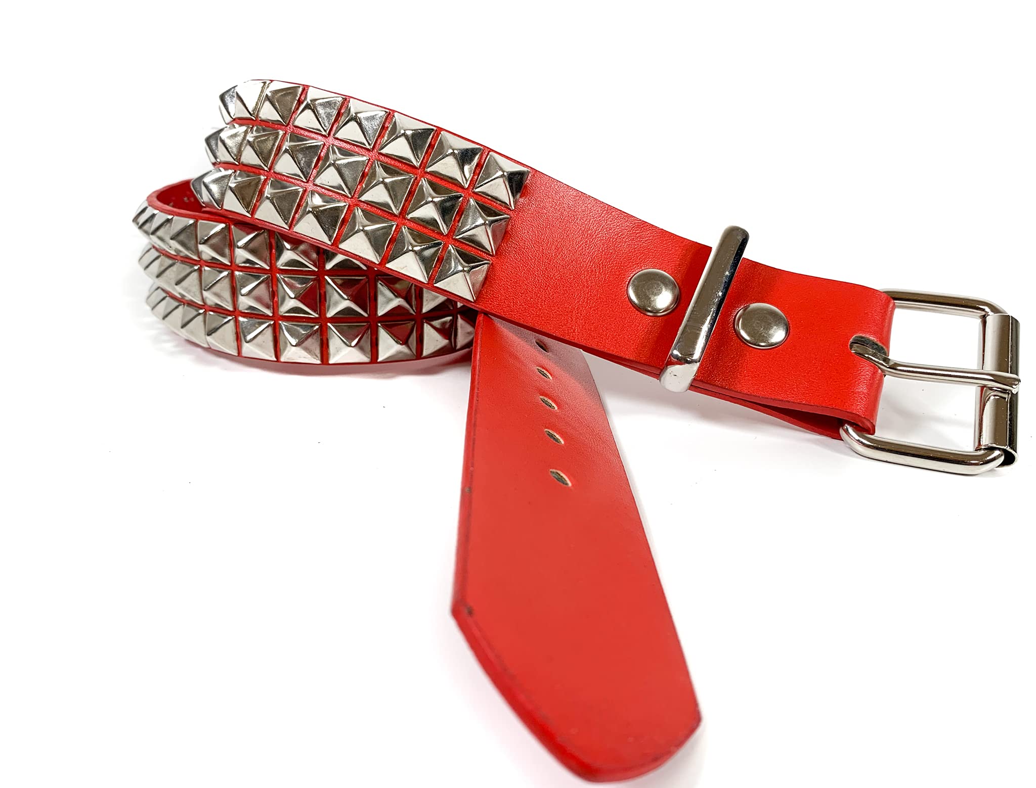 Red Three Row Pyramid Stud Belt Vegan Leather Punk Goth Alternative USA Made