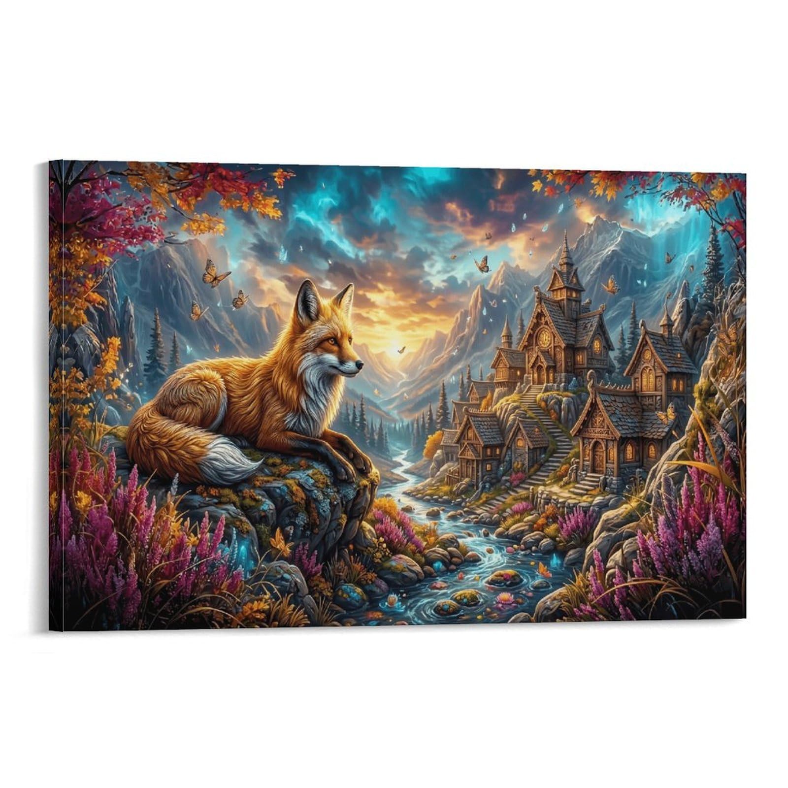 XPASHIQWC Red Fox Wall Decor Poster Aurora Valley Canvas Prints Picture Modern Canvas Wall Art Picture Wall Hanging for Home Decorations 24x36inch(60x90cm)