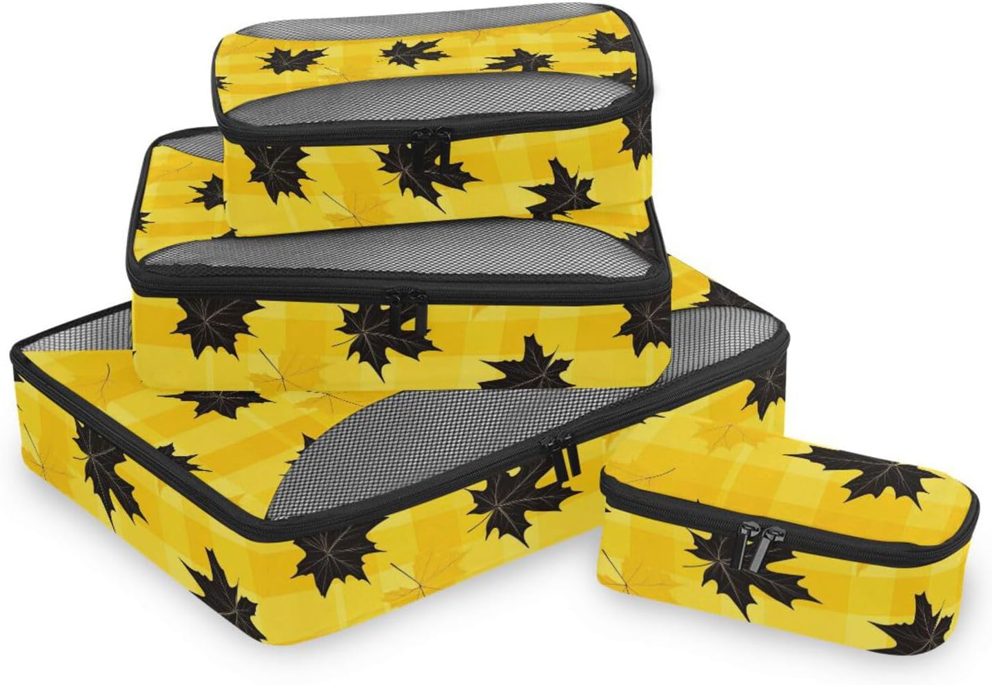 Yellow-black Maple Leaf Lattice 4 Pcs set organizer for travel Mesh Travel Essentials expandable compression packing cubes