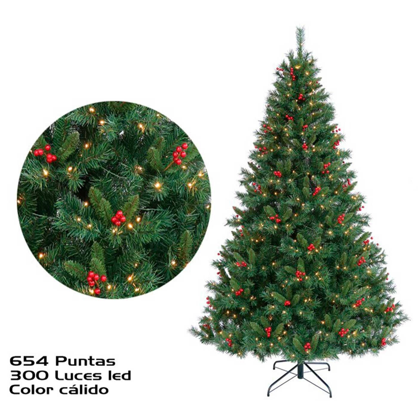 Tradineur - Árbol Artificial de Navidad con 300 Luces LED de Color Amarillo cálido, 654 Puntas de plástico, Incluye Base metálica, Fácil Montaje - 180 cm