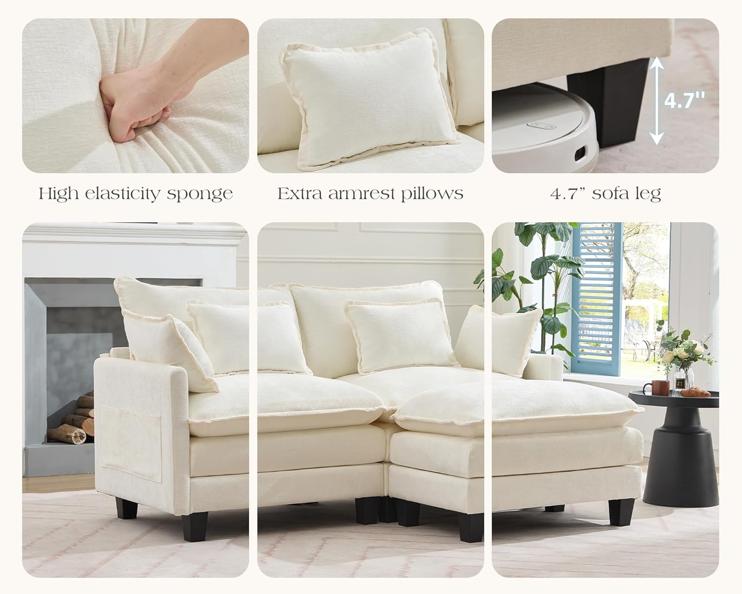 TUNYI Modular Sectional Sofa - 77.6" L Shaped Chenille Cloud Couch with Movable Ottoman, Sectional Deep Seat Sofa with Pillows/Side Pocket for Living Room, Apartment (Cream White)