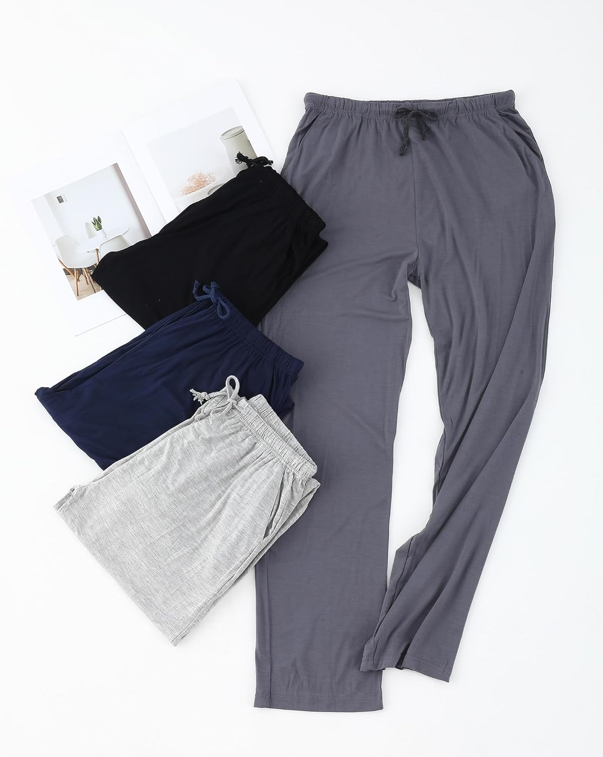 4 Pcs Men's Pajama Pants Lightweight Long Silky Lounge Bottoms Soft Sleep Modal Pj Pants with Pockets Drawstring - Image 6