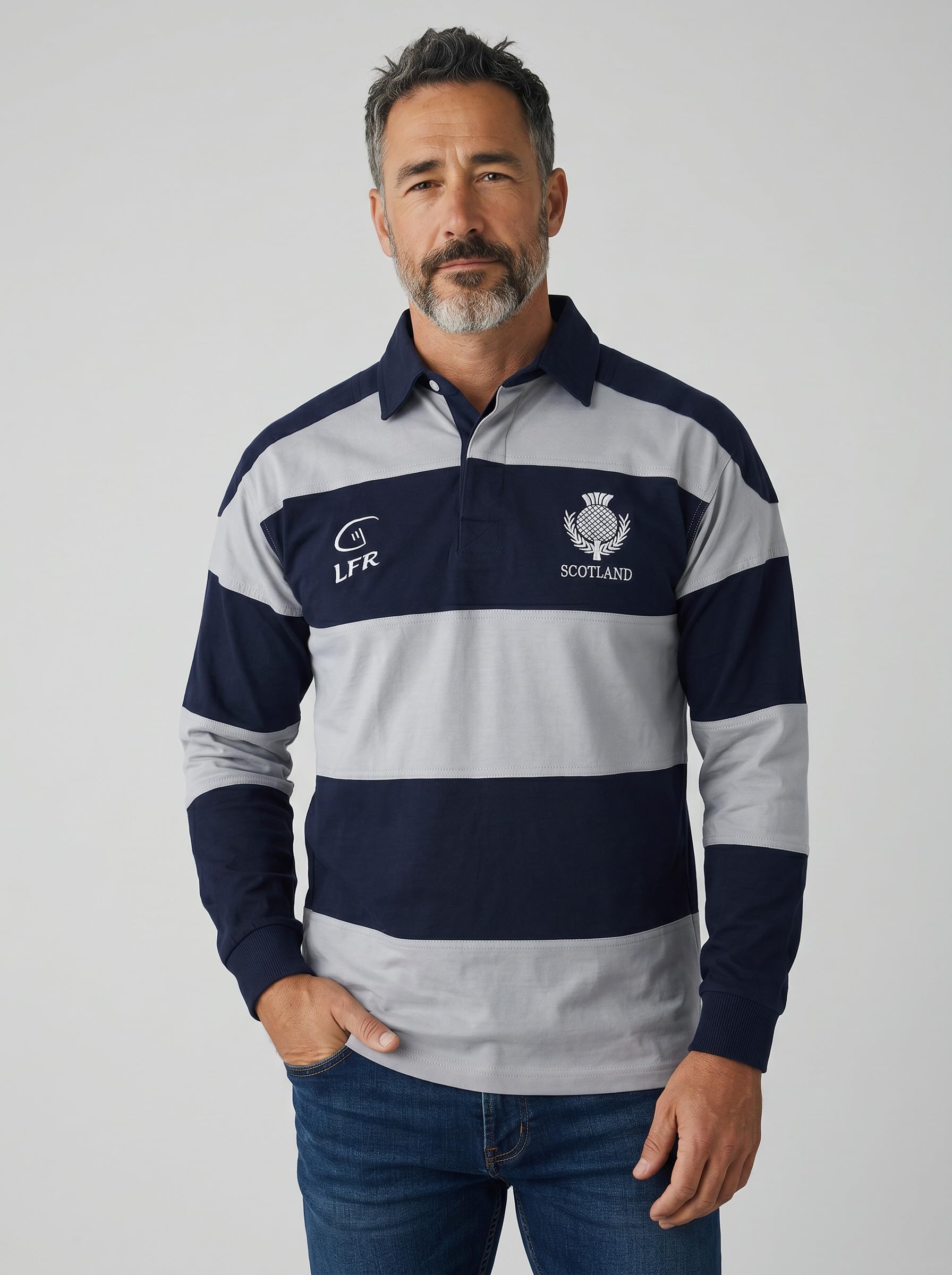 Scotland Crest Long Sleeved Striped Rugby Polo Shirt