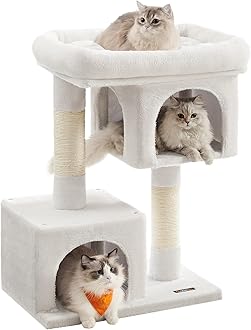 FeandreaCat Tree, 33.1-Inch Cat Tower, L, Cat Condo for Large Cats up to 16 lb, Large Cat Perch, 2 Cat Caves, Scratching Post, Cream White UPCT061T01